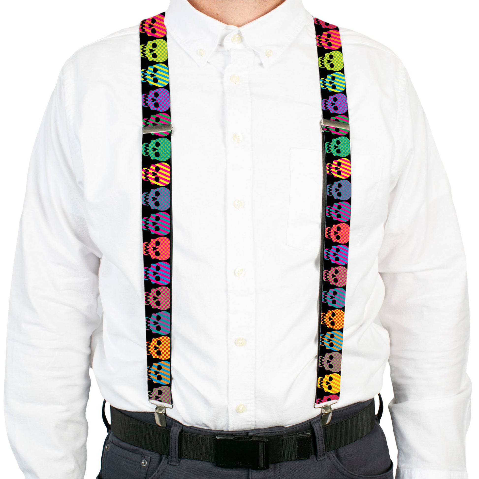 Suspenders - Checker & Stripe Skulls Black/Multi Neon Suspenders Buckle-Down