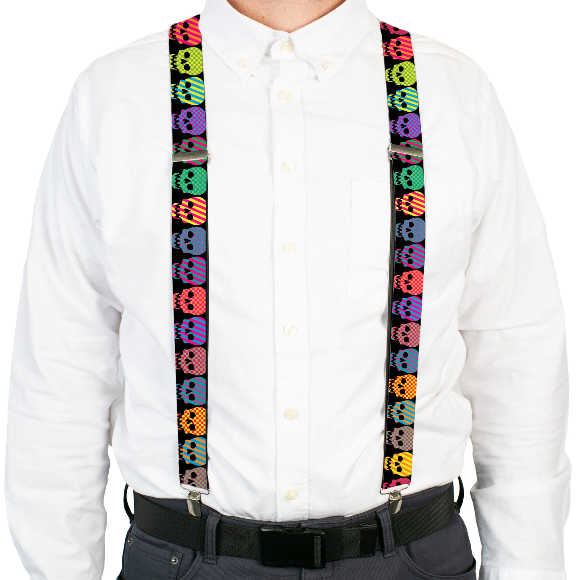 Suspenders - Checker & Stripe Skulls Black/Multi Neon Suspenders Buckle-Down