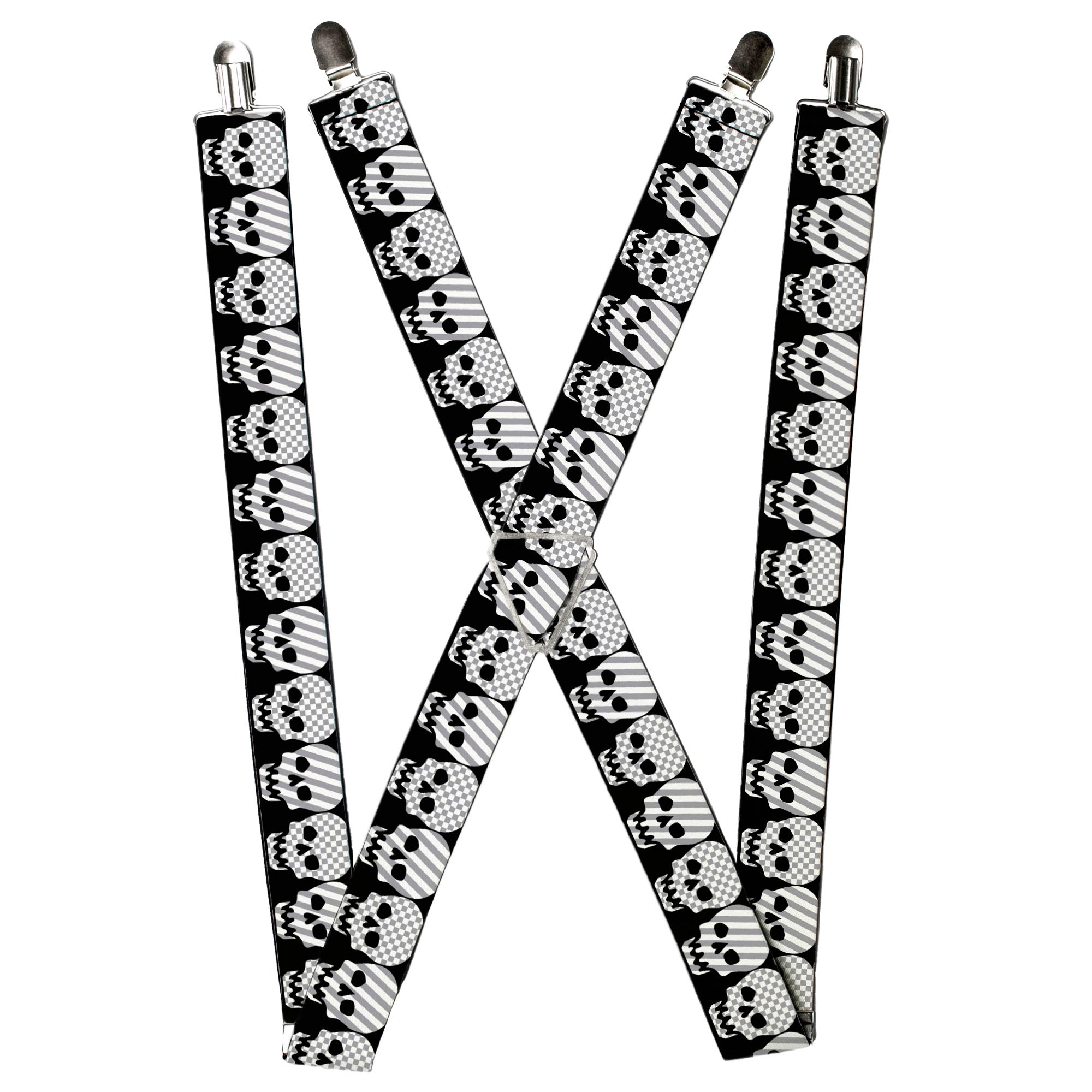 Suspenders - Checker & Stripe Skulls Black/White/Gray Suspenders Buckle-Down