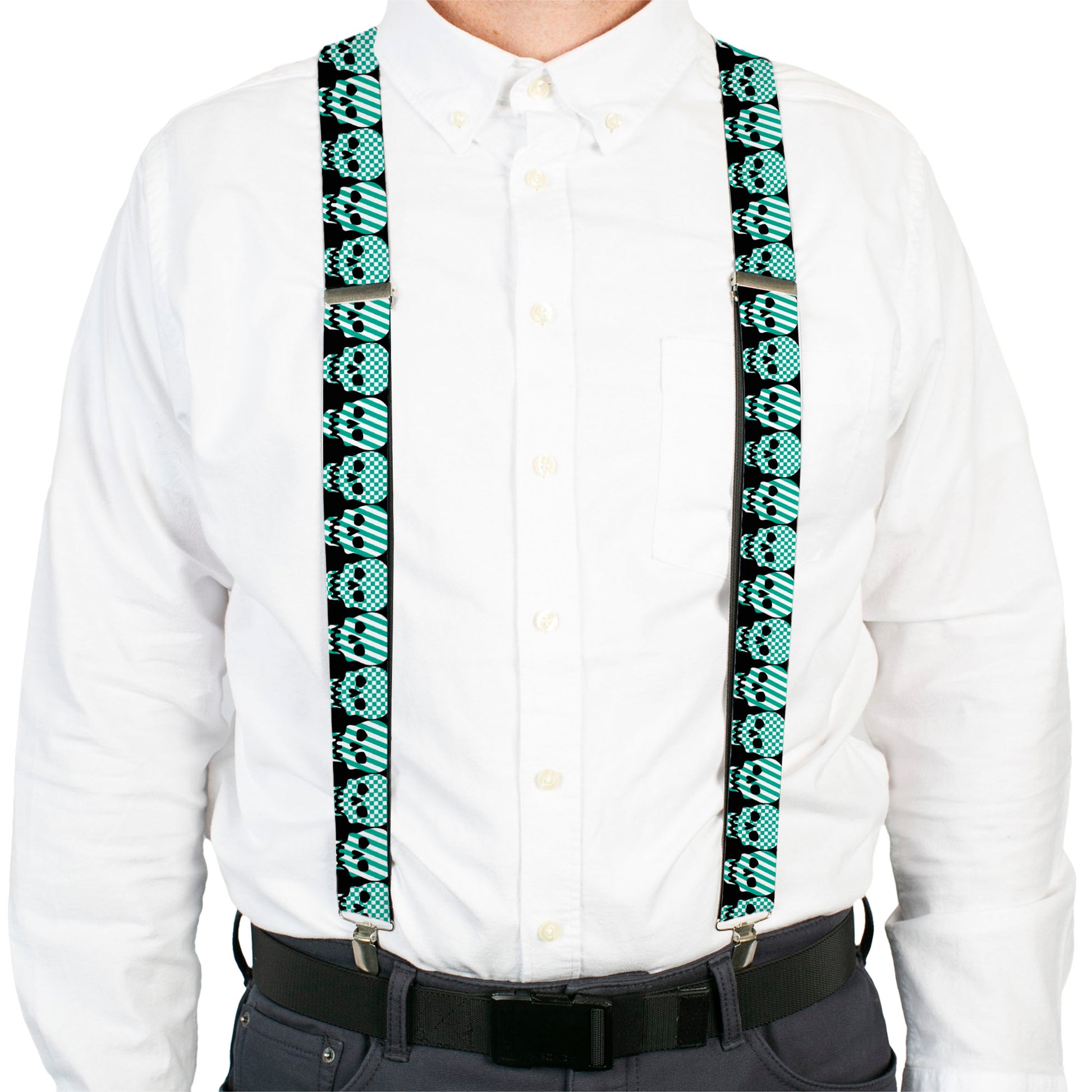 Suspenders - Checker & Stripe Skulls Black/White/Green Suspenders Buckle-Down