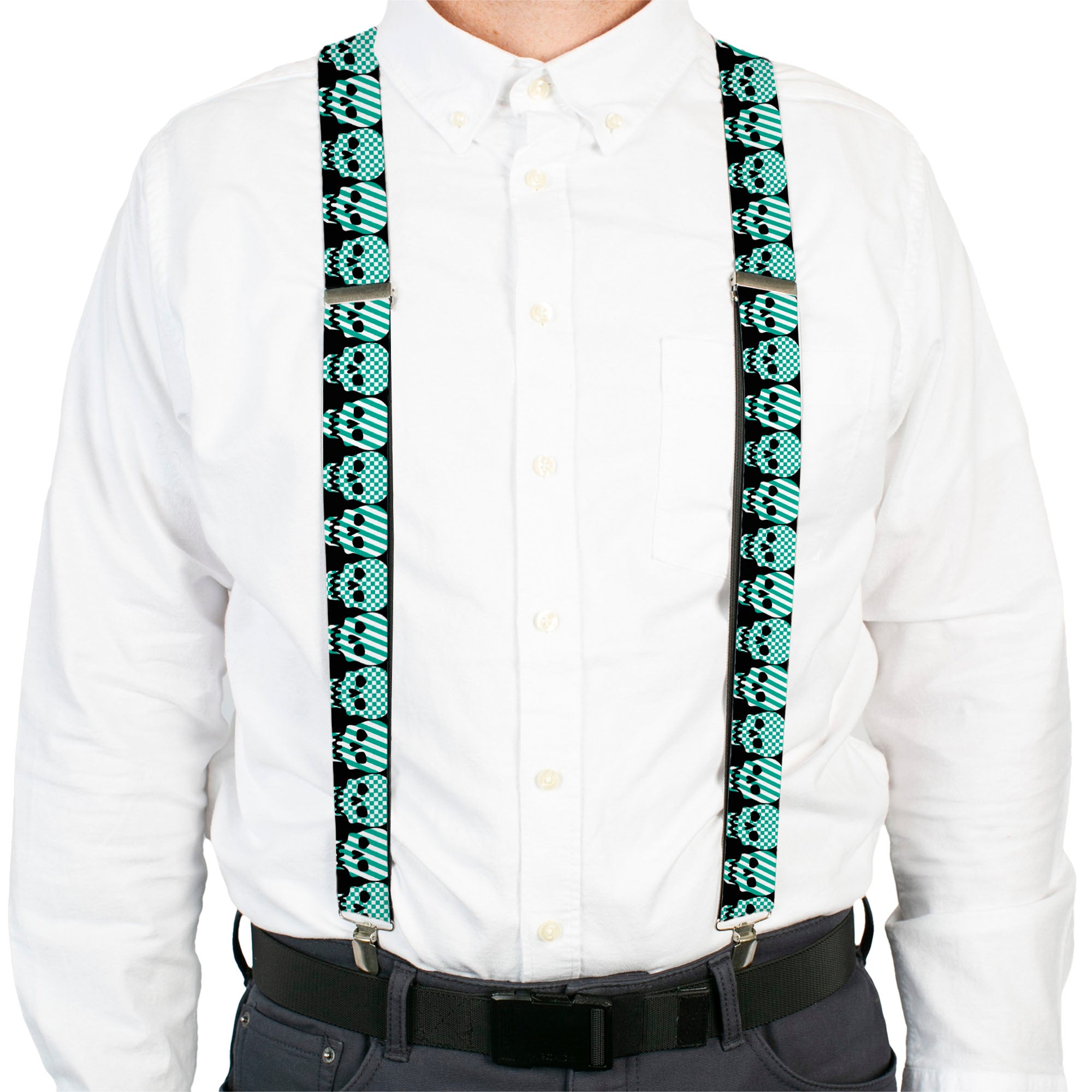 Suspenders - Checker & Stripe Skulls Black/White/Green Suspenders Buckle-Down