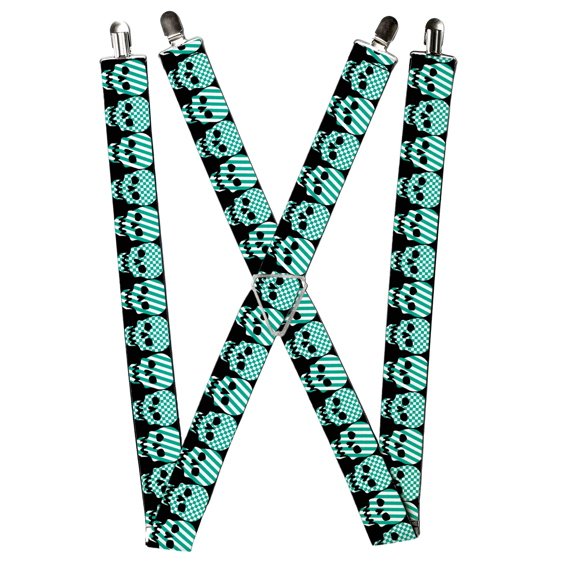 Suspenders - Checker & Stripe Skulls Black/White/Green Suspenders Buckle-Down
