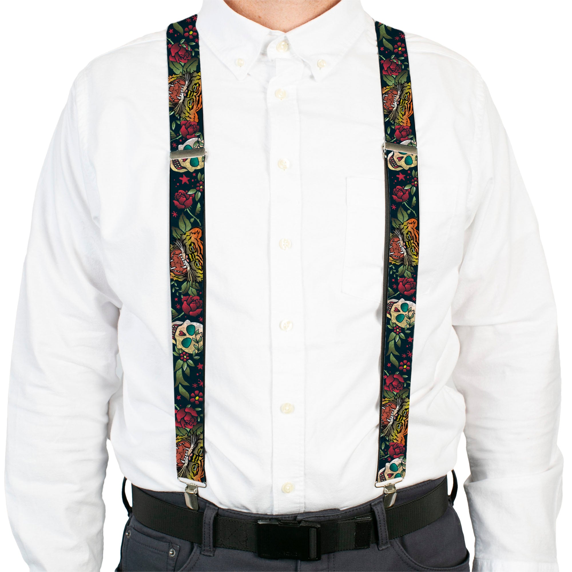 Suspenders - Death Before Dishonor CLOSE-UP Black Suspenders Buckle-Down