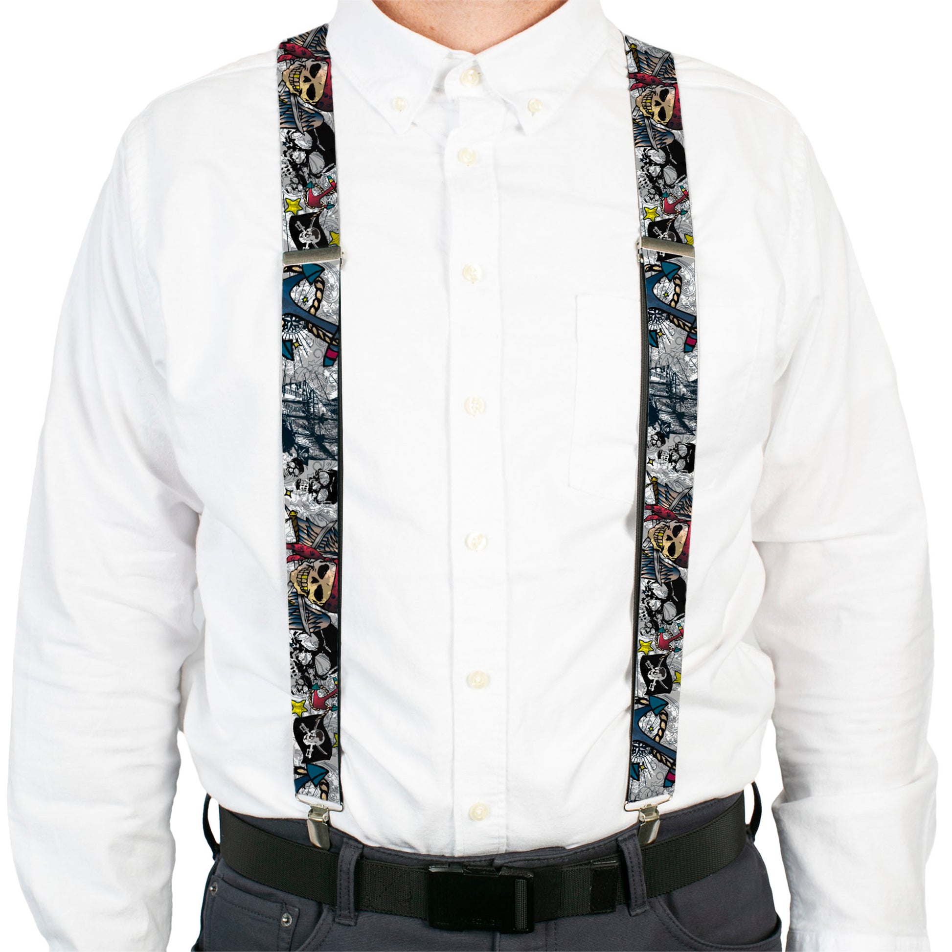 Suspenders - Dead Men Tell No Tales CLOSE-UP White Suspenders Buckle-Down