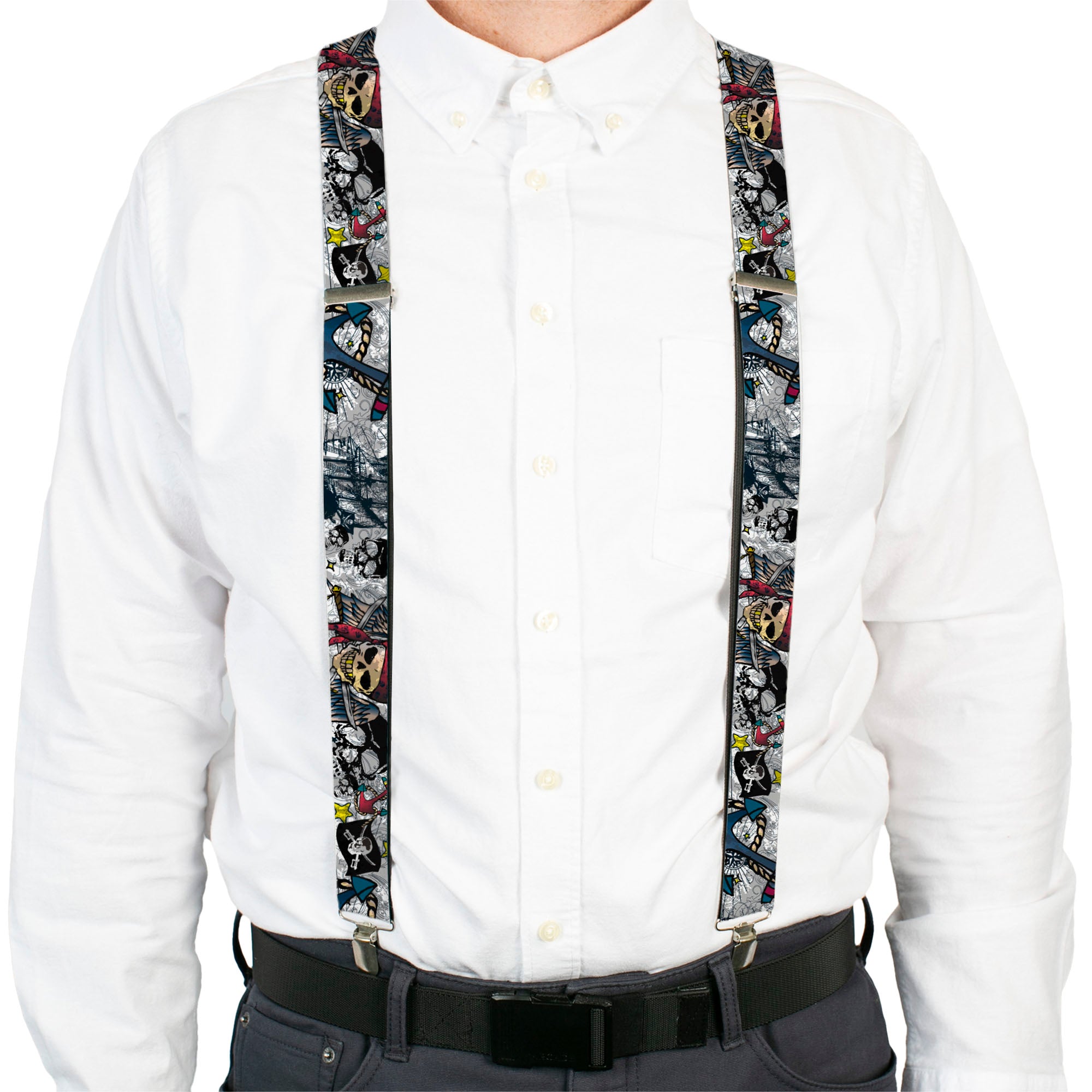 Suspenders - Dead Men Tell No Tales CLOSE-UP White Suspenders Buckle-Down