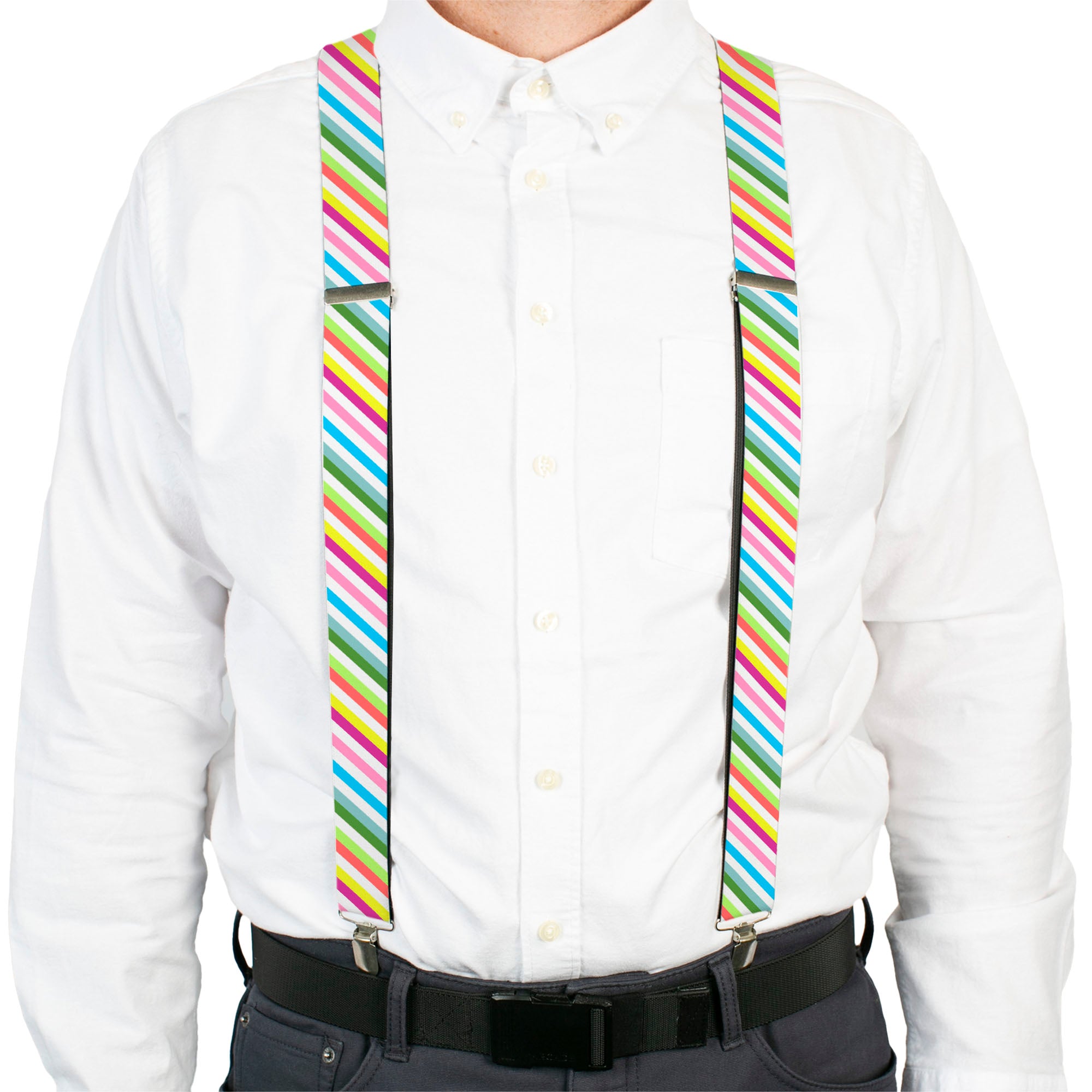 Suspenders - Diagonal Stripes White/Multi Color Suspenders Buckle-Down