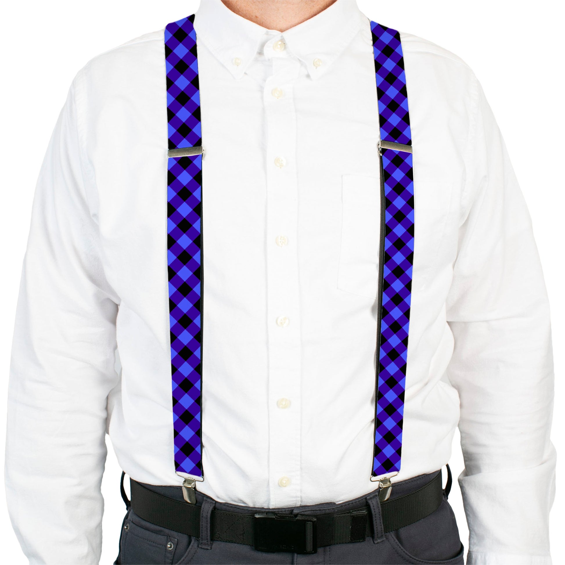 Suspenders - Diagonal Buffalo Plaid Black/Blue Suspenders Buckle-Down