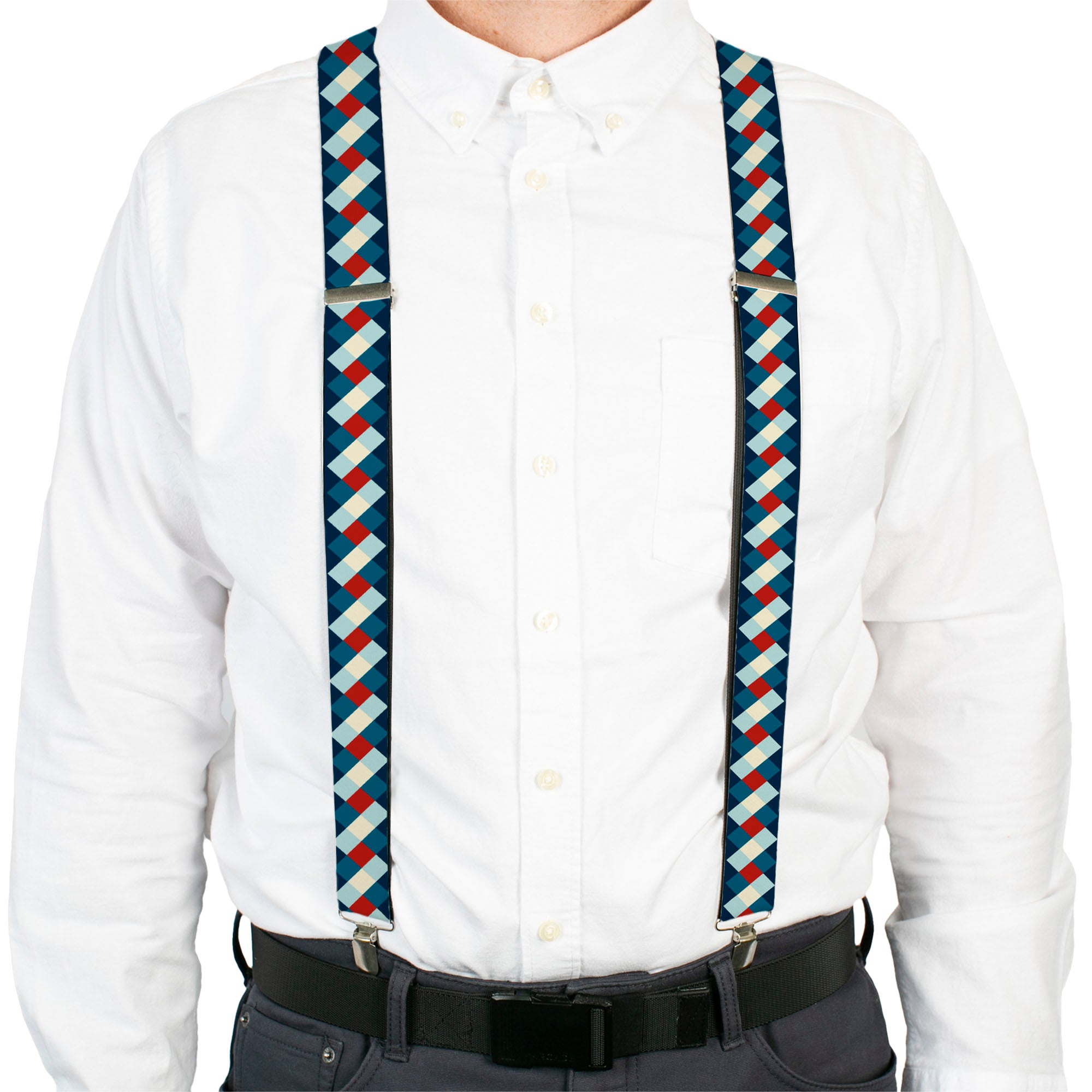 Suspenders - Diamond Plaid Blues/Khaki/Red Suspenders Buckle-Down
