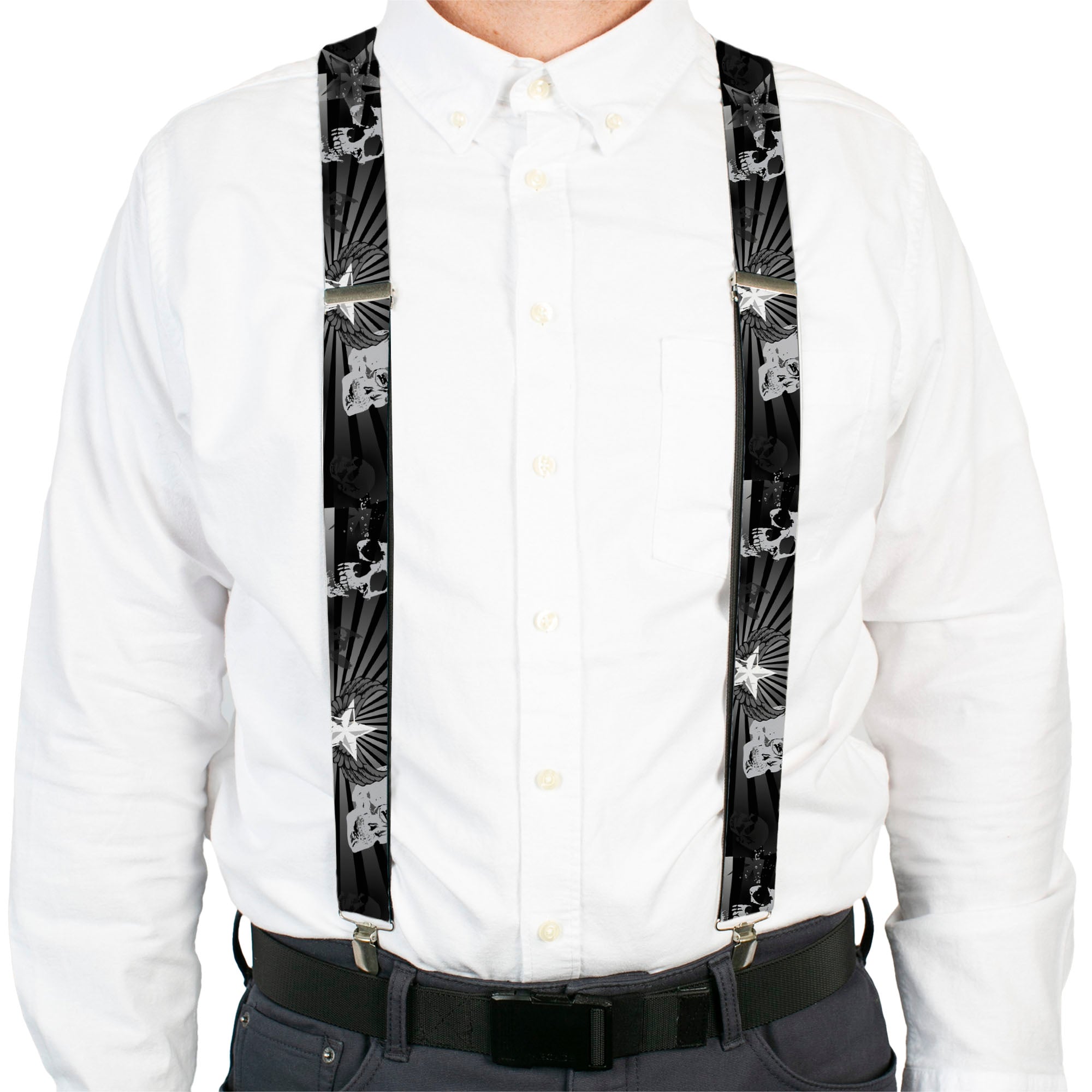 Suspenders - Die Hard Skulls & Stars1 Black/Grays Suspenders Buckle-Down