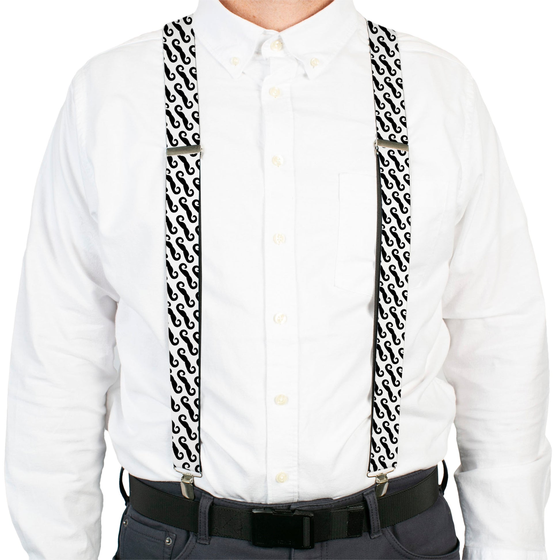 Suspenders - Diagonal Handlebar Mustaches White/Black Suspenders Buckle-Down