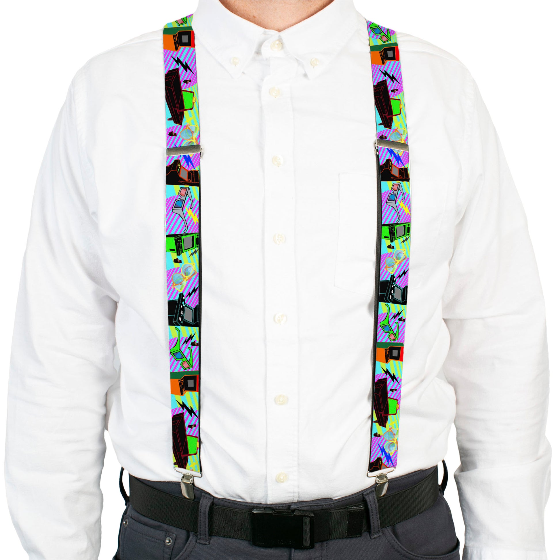 Suspenders - Eighties Arcade Multi Neon Stripes Suspenders Buckle-Down
