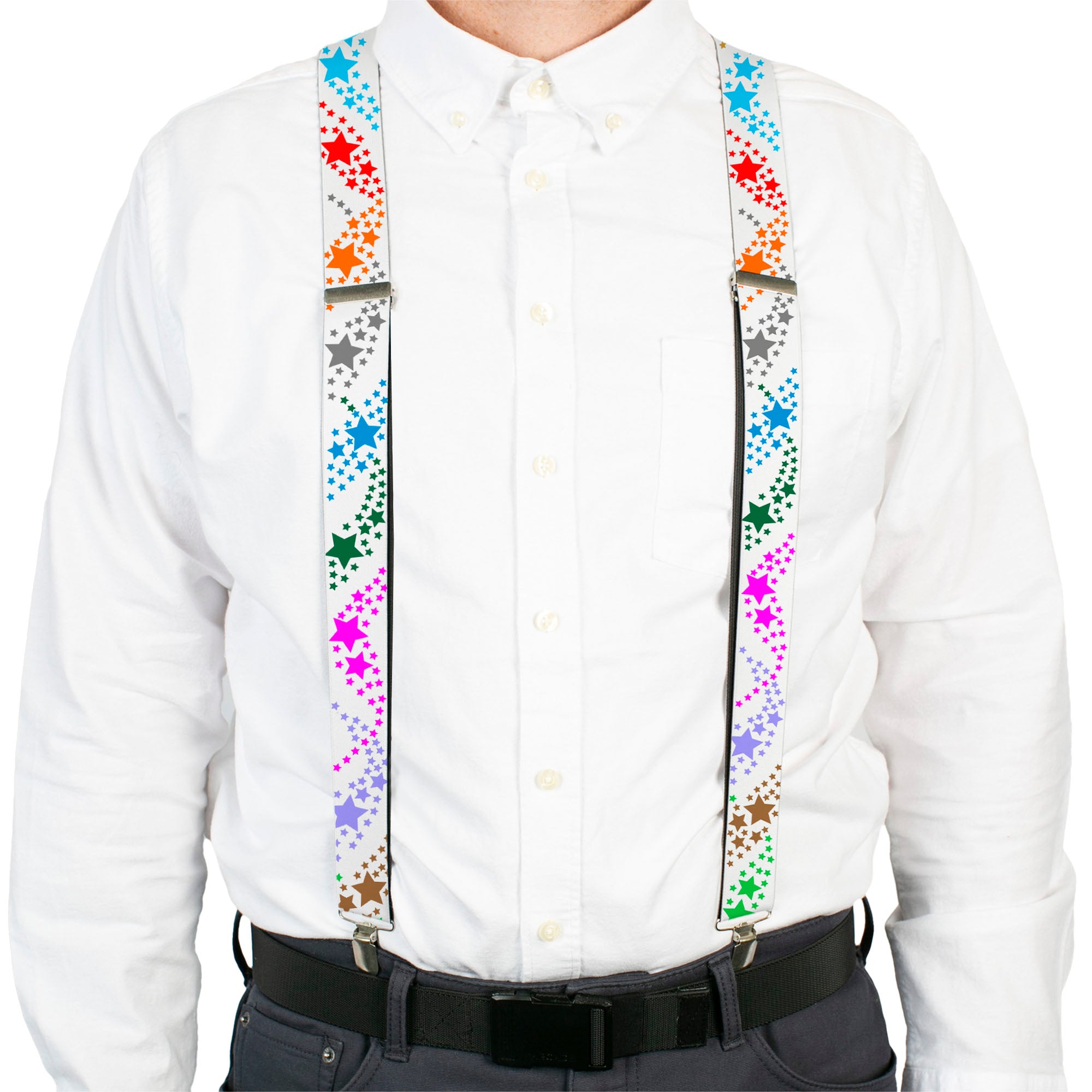 Suspenders - Falling Stars White/Multi Color Suspenders Buckle-Down