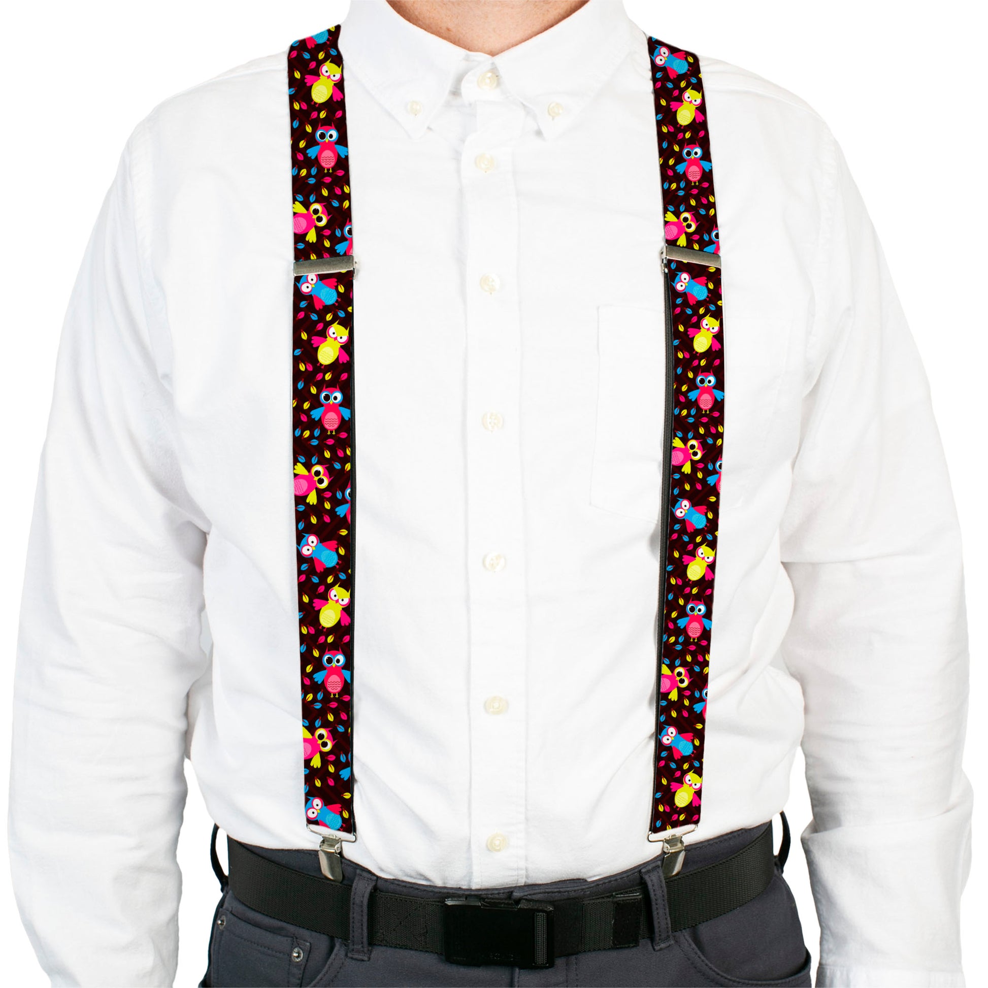 Suspenders - Flying Owls w/Leaves Black/Multi Color Suspenders Buckle-Down
