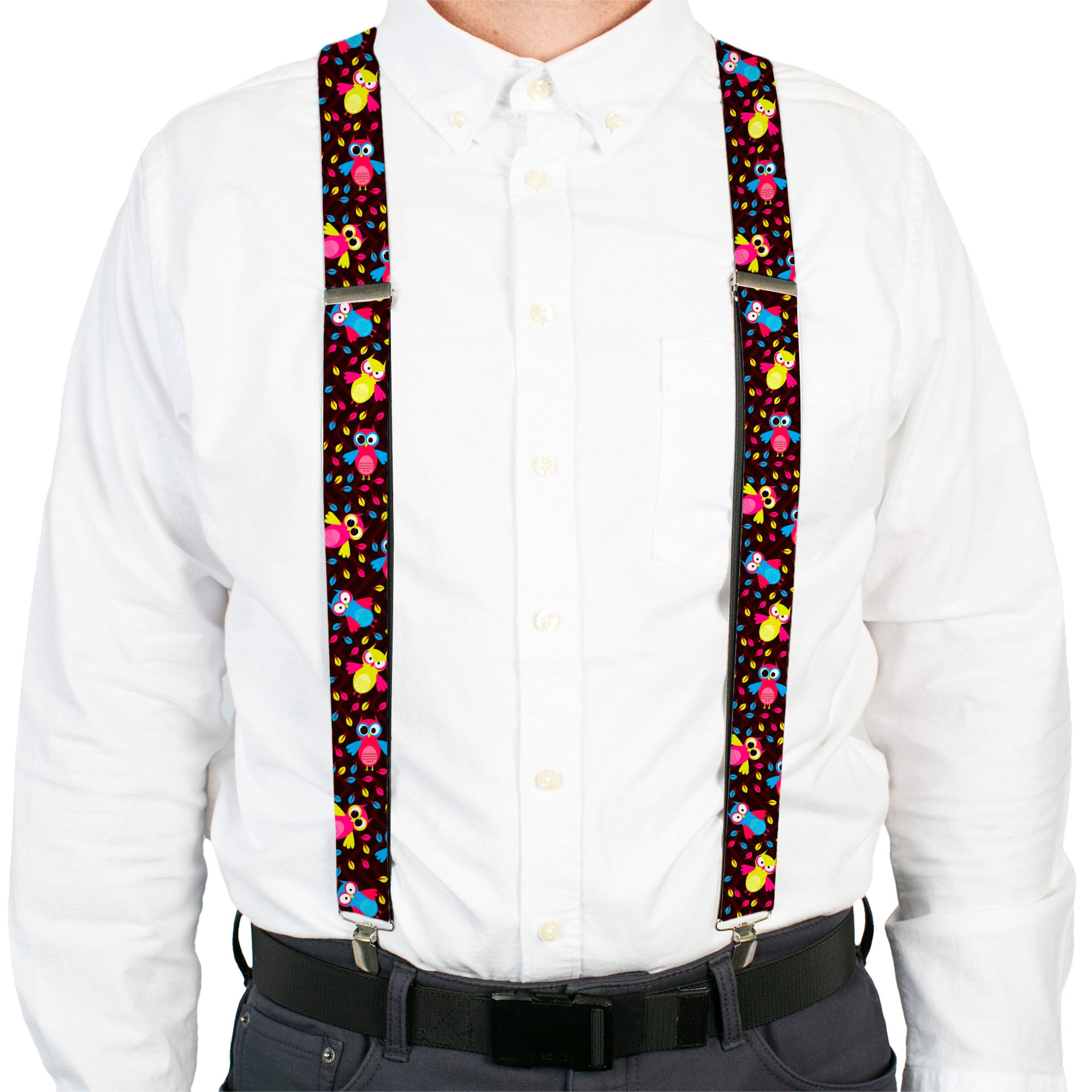 Suspenders - Flying Owls w/Leaves Black/Multi Color Suspenders Buckle-Down