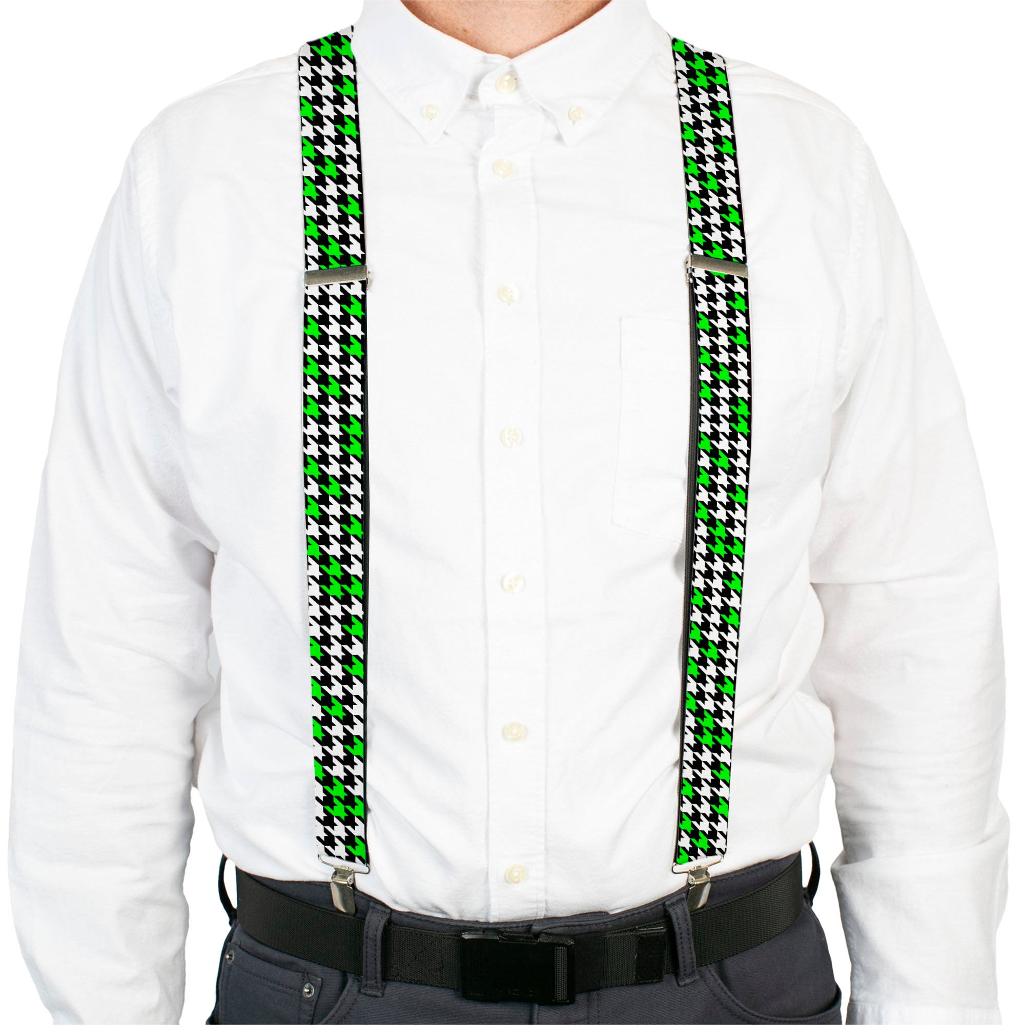 Suspenders - Houndstooth Black/White/Neon Green