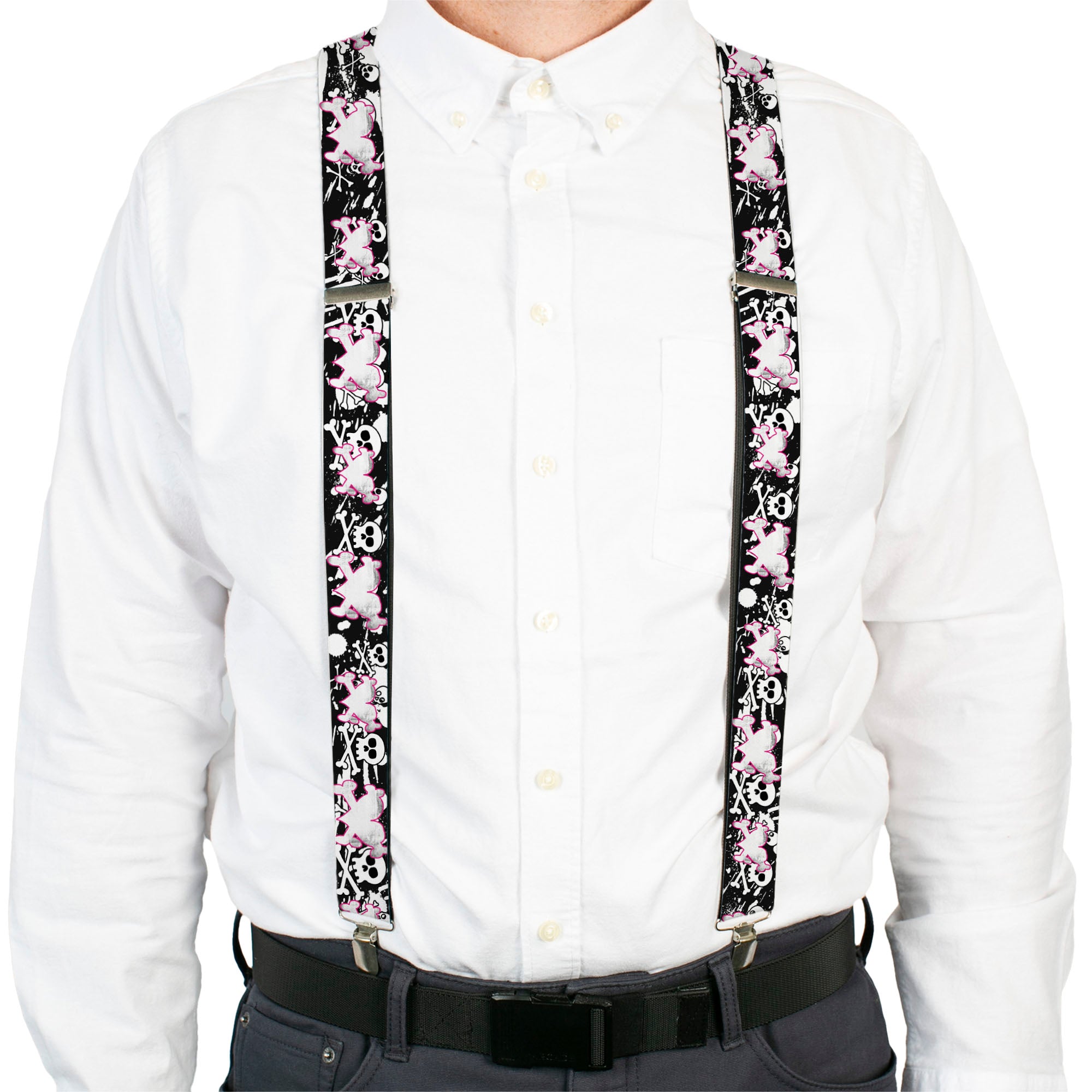 Suspenders - Heart & Cross Bones w/Skulls & Splatter Black/White