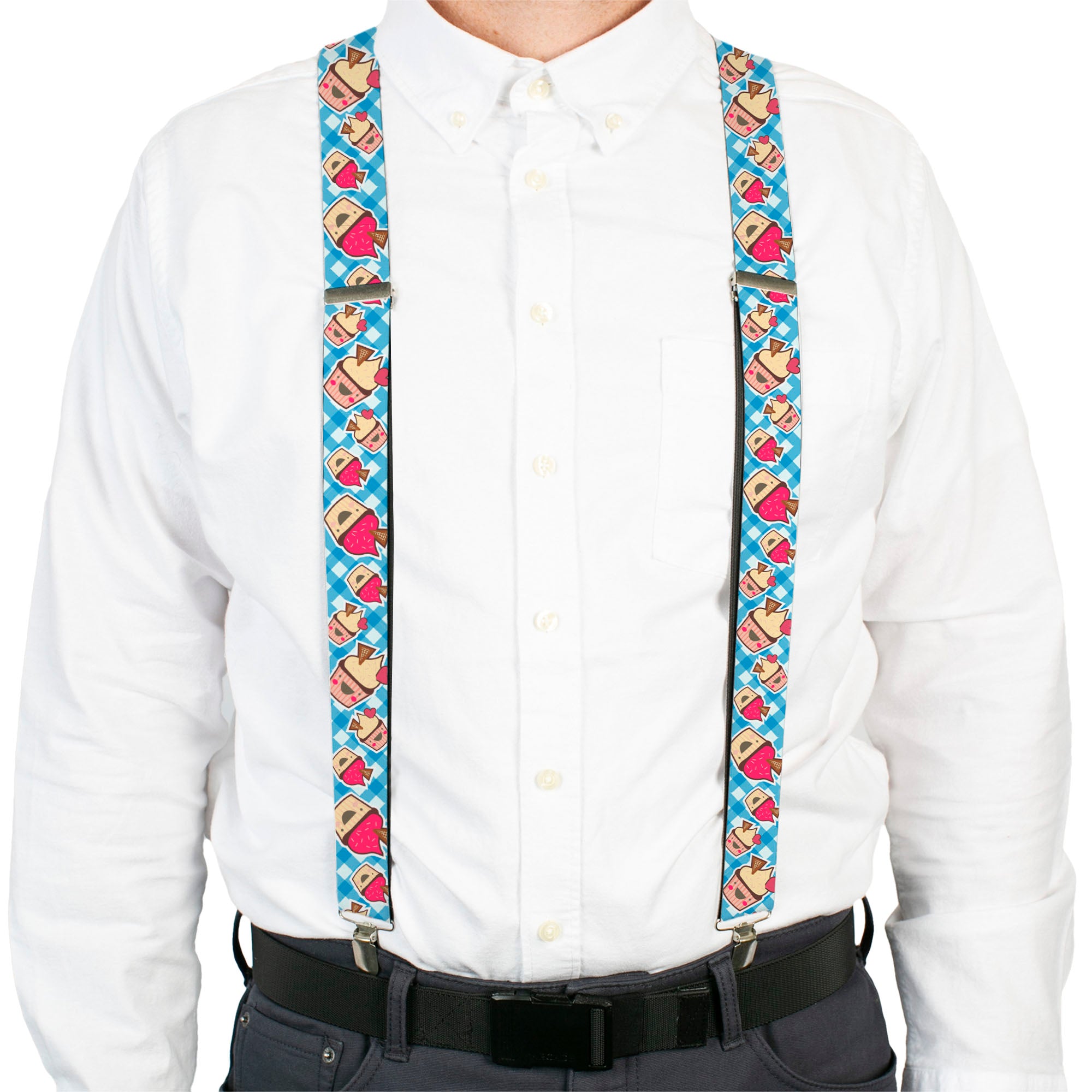 Suspenders - Happy Cupcakes Buffalo Plaid White/Blue Suspenders Buckle-Down