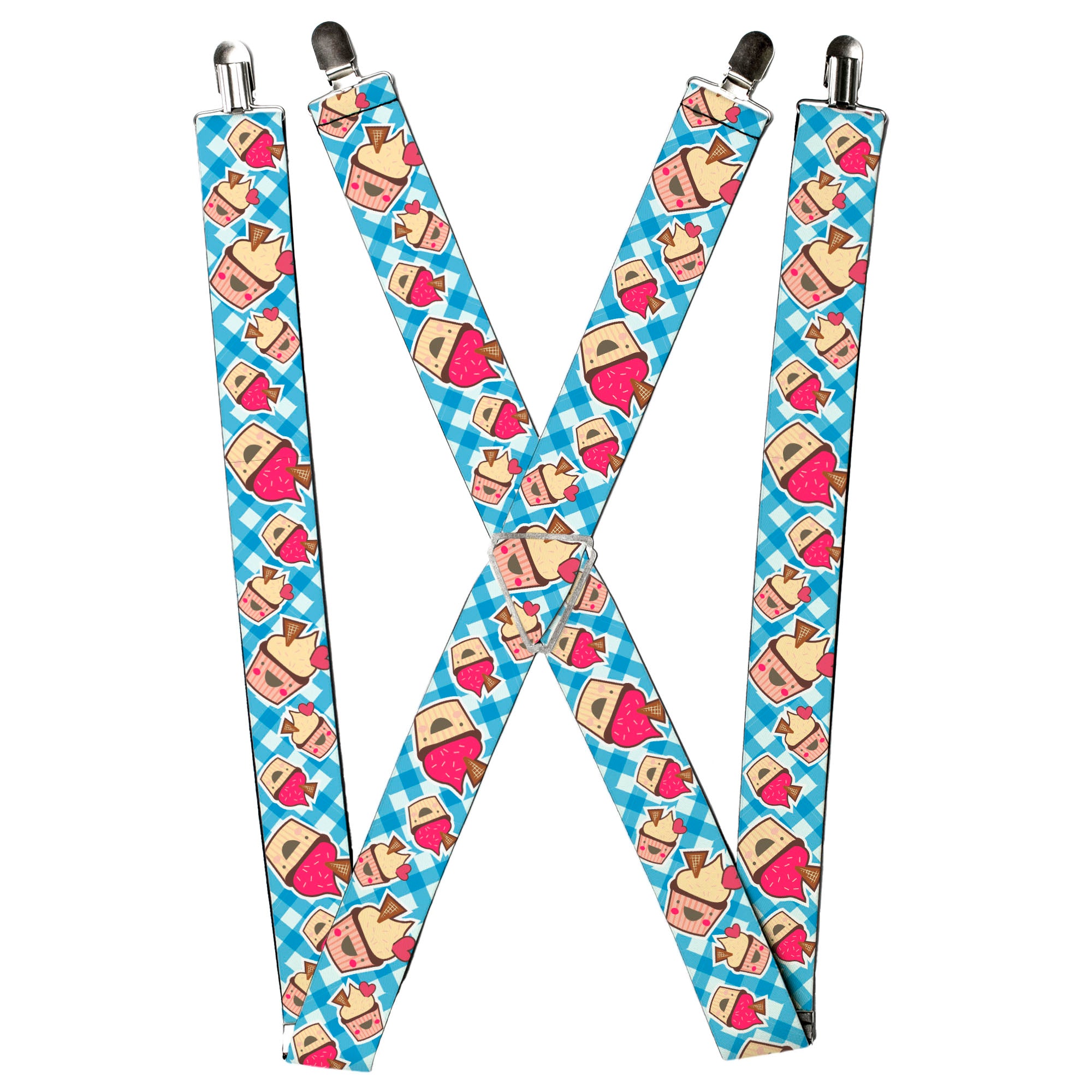 Suspenders - Happy Cupcakes Buffalo Plaid White/Blue Suspenders Buckle-Down
