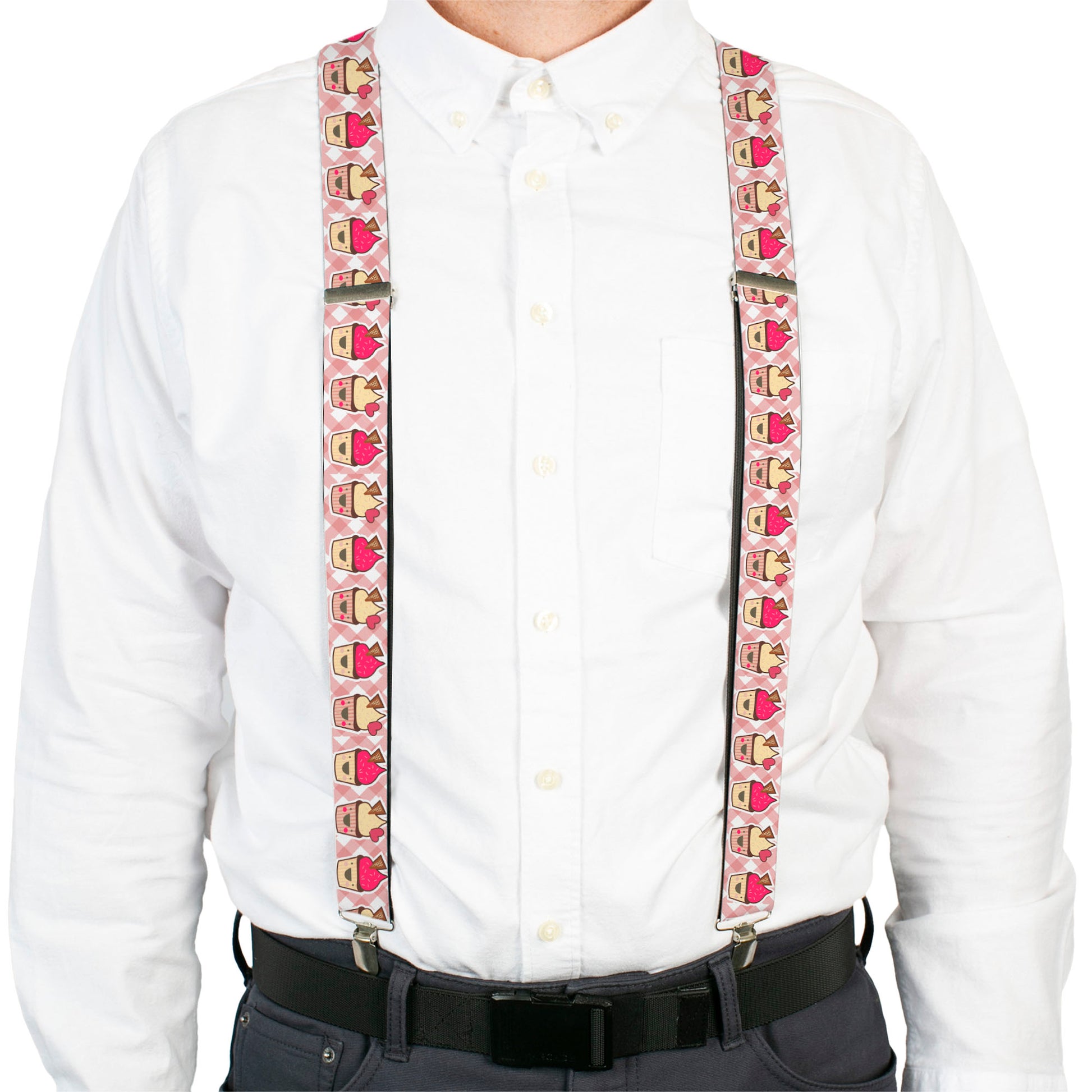 Suspenders - Happy Cupcakes Buffalo Plaid White/Pink Suspenders Buckle-Down