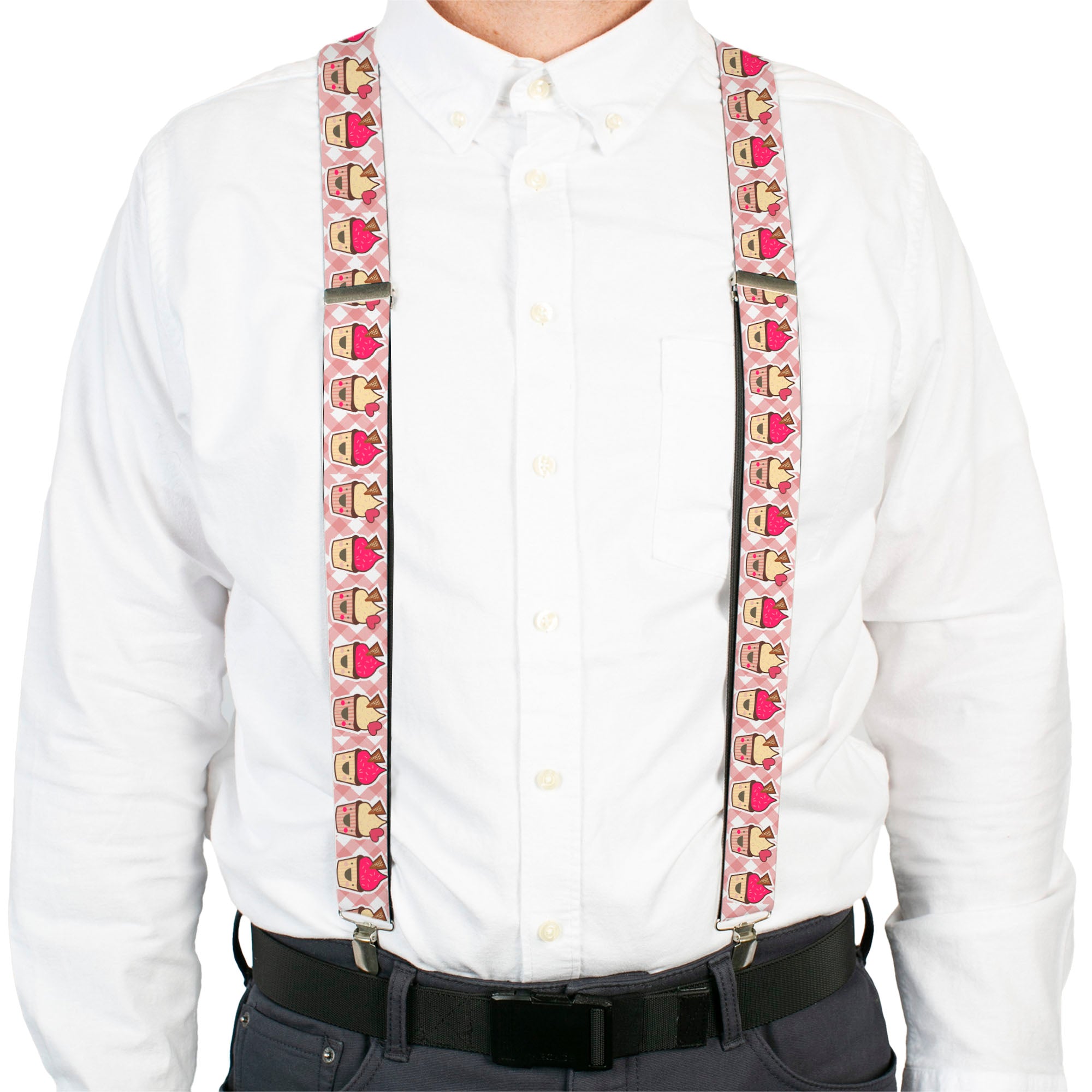 Suspenders - Happy Cupcakes Buffalo Plaid White/Pink Suspenders Buckle-Down
