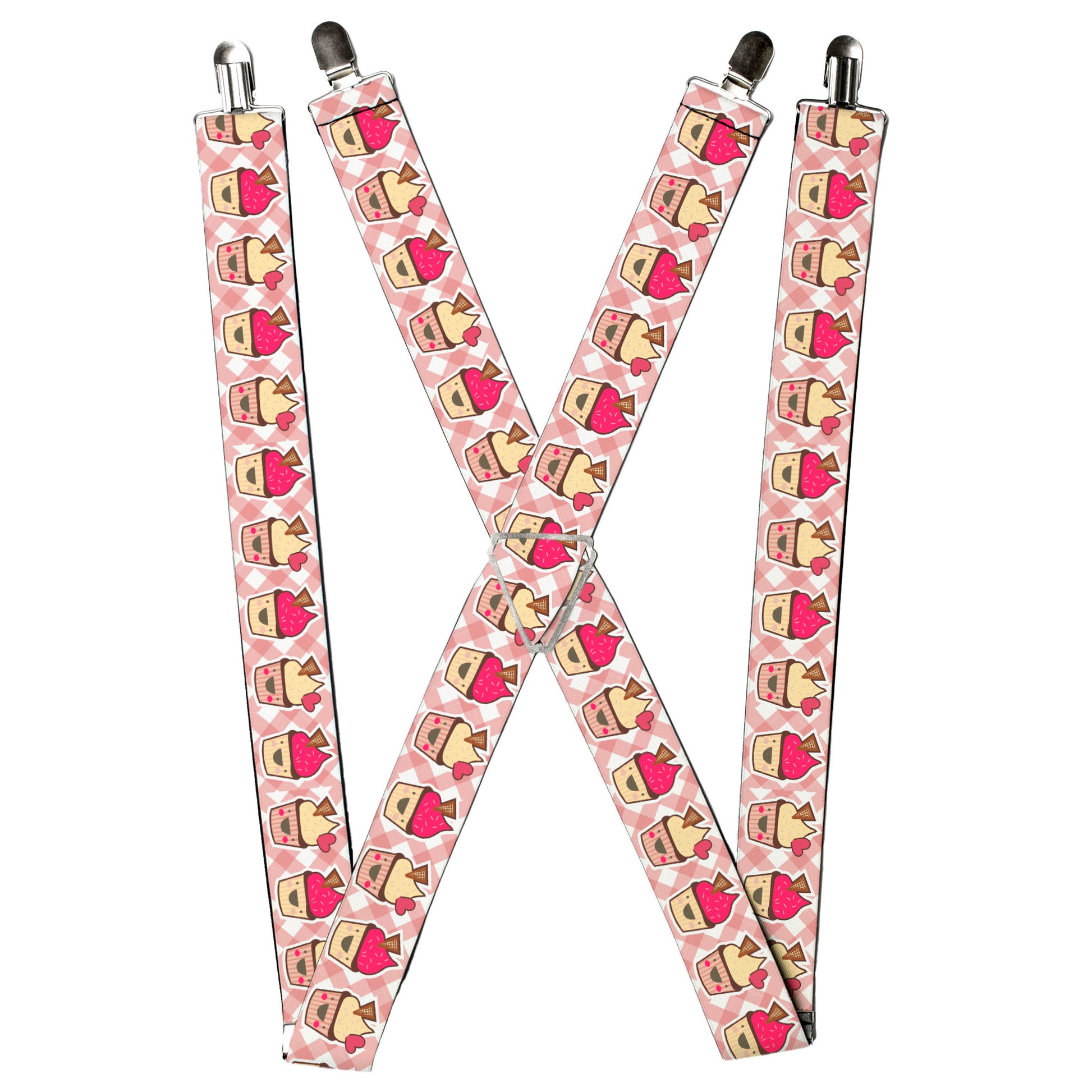 Suspenders - Happy Cupcakes Buffalo Plaid White/Pink Suspenders Buckle-Down