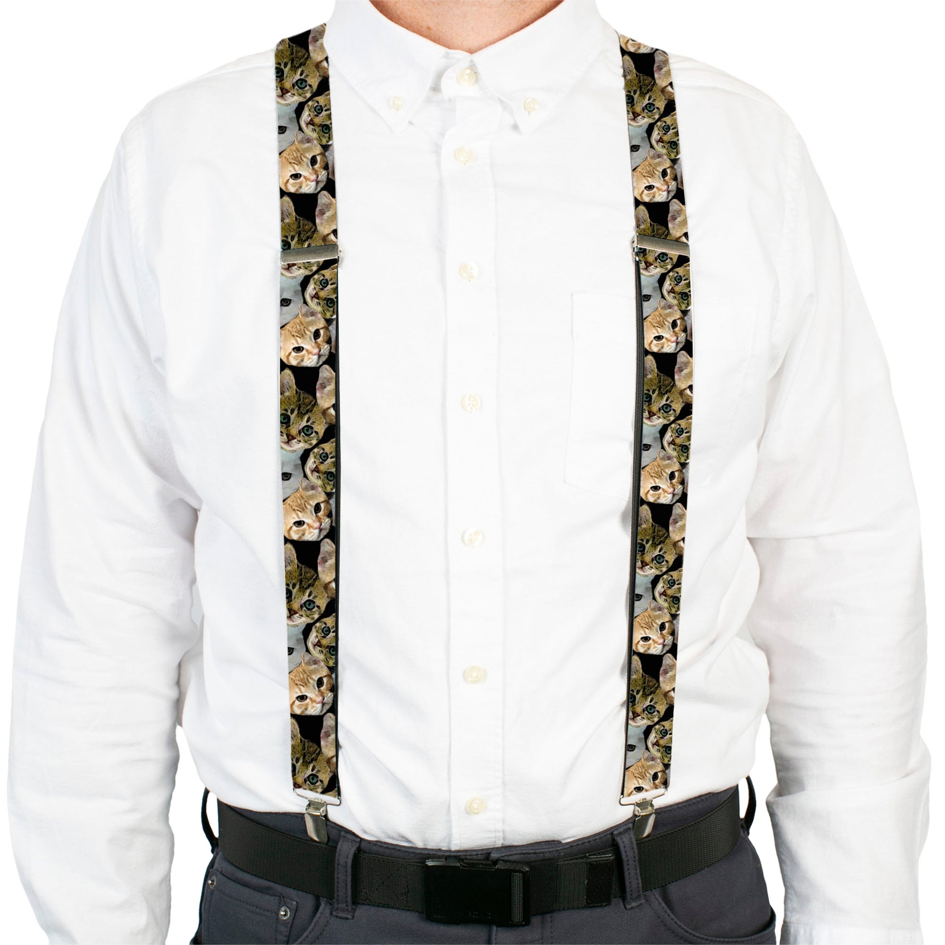 Suspenders - Kitten Faces Scattered Black Suspenders Buckle-Down
