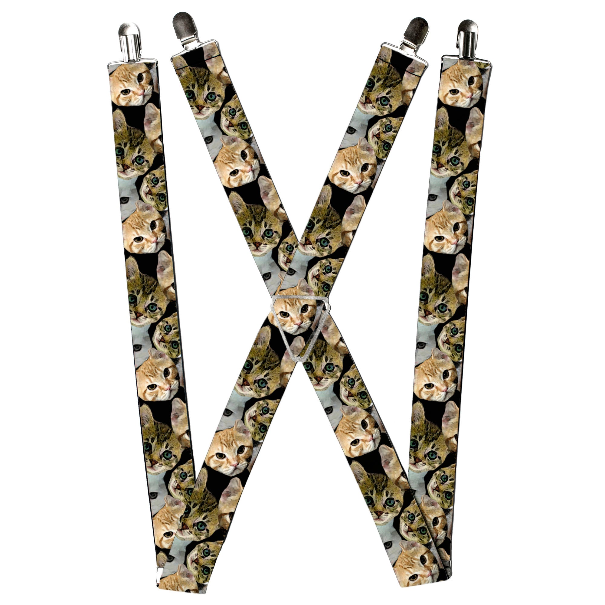 Suspenders - Kitten Faces Scattered Black Suspenders Buckle-Down