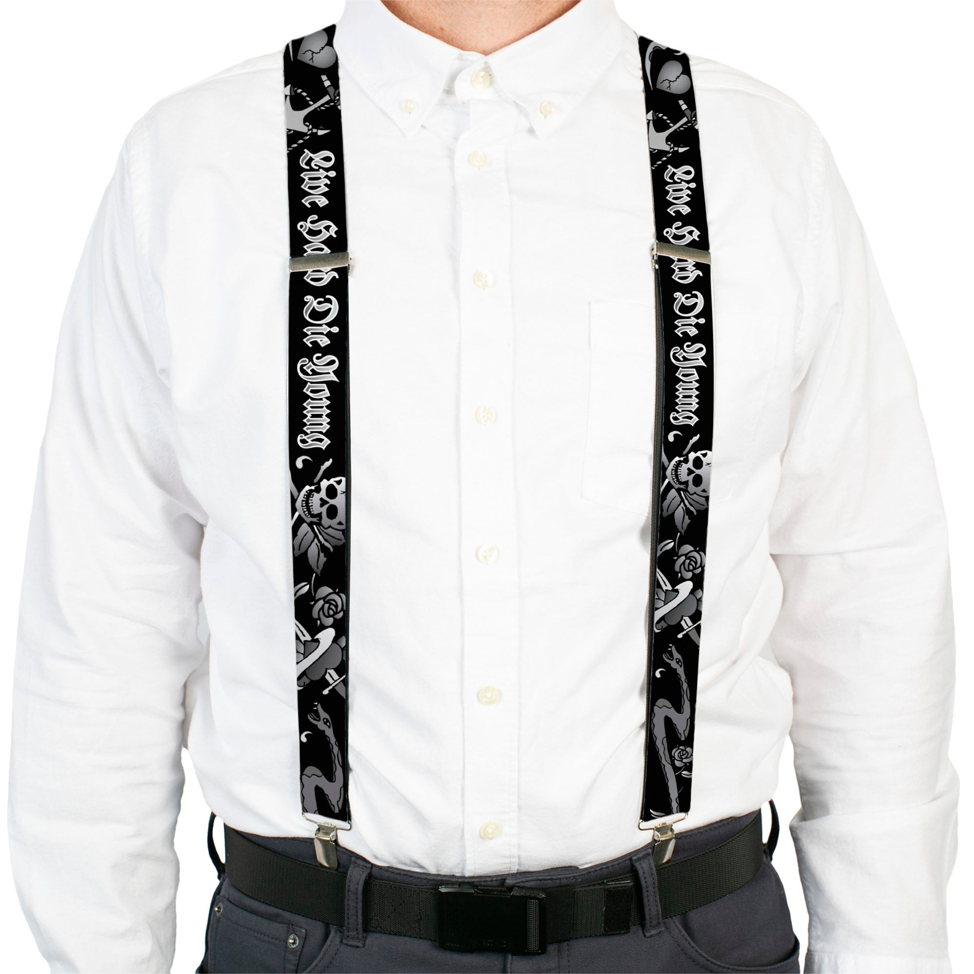 Suspenders - Live Hard Die Young Black/White Suspenders Buckle-Down