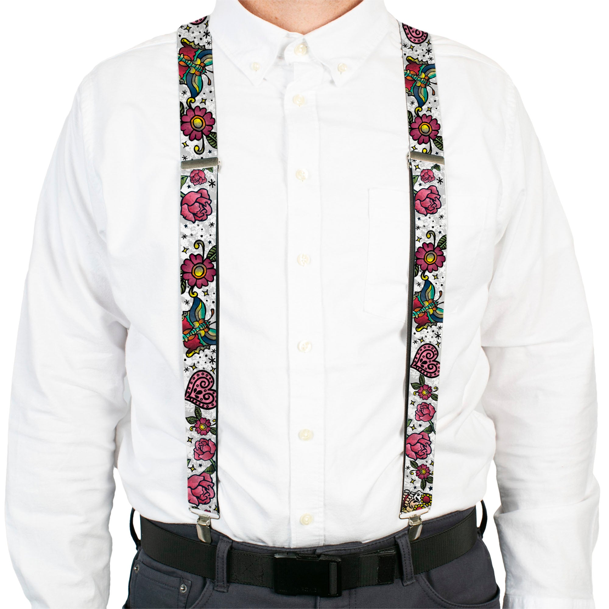 Suspenders - Love Kills CLOSE-UP White Suspenders Buckle-Down
