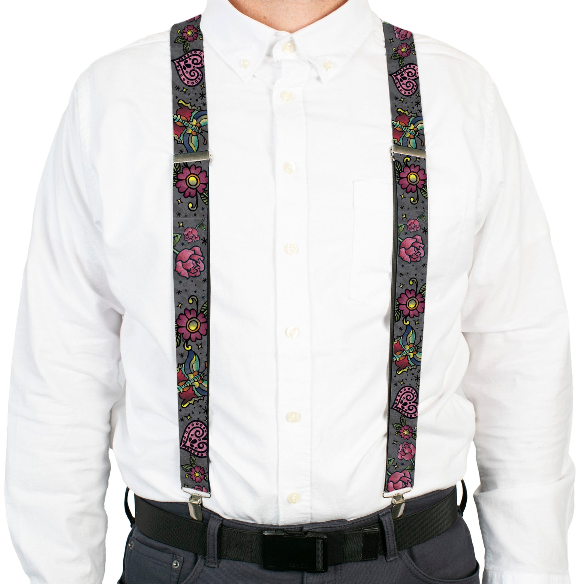 Suspenders - Love Kills CLOSE-UP Gray Suspenders Buckle-Down