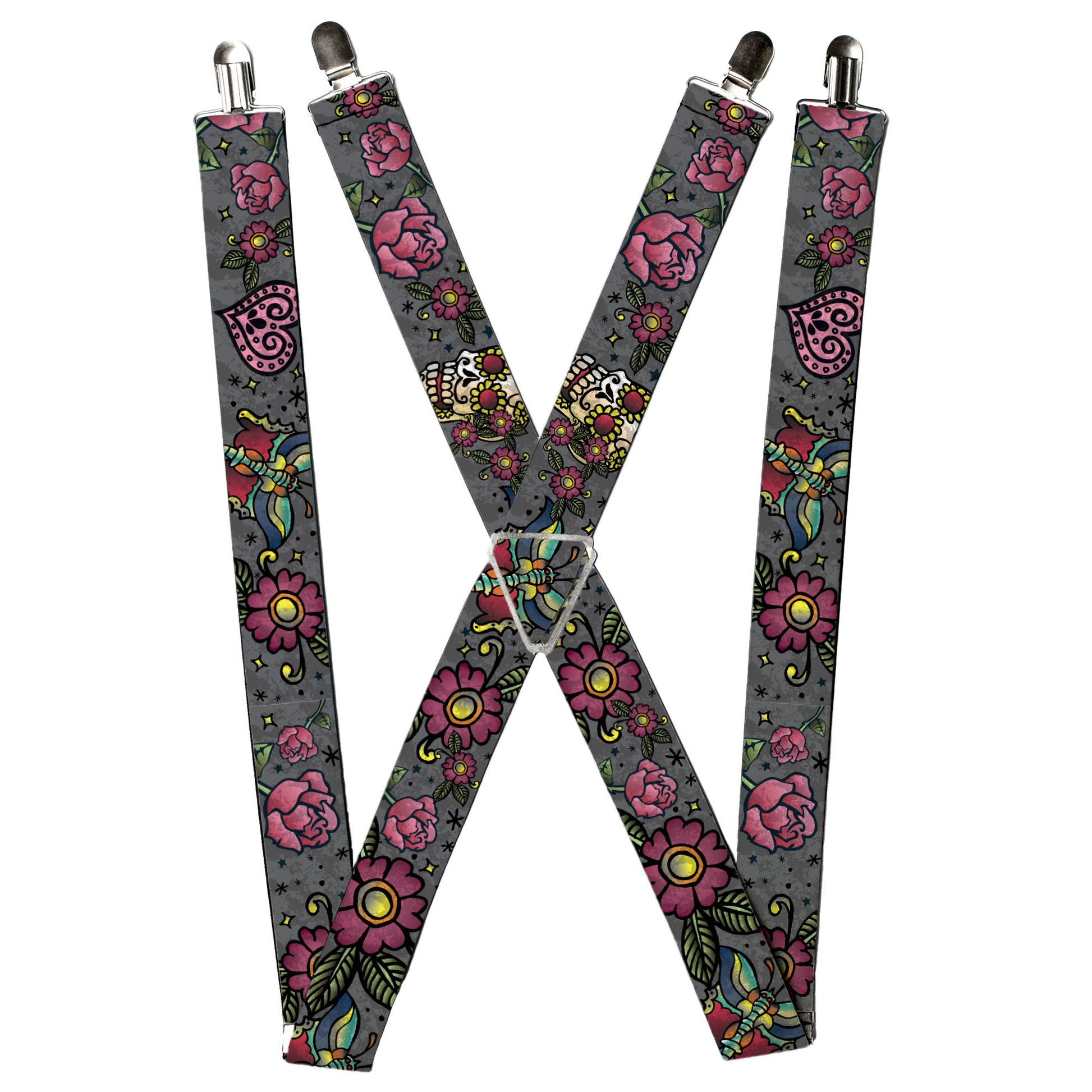 Suspenders - Love Kills CLOSE-UP Gray Suspenders Buckle-Down