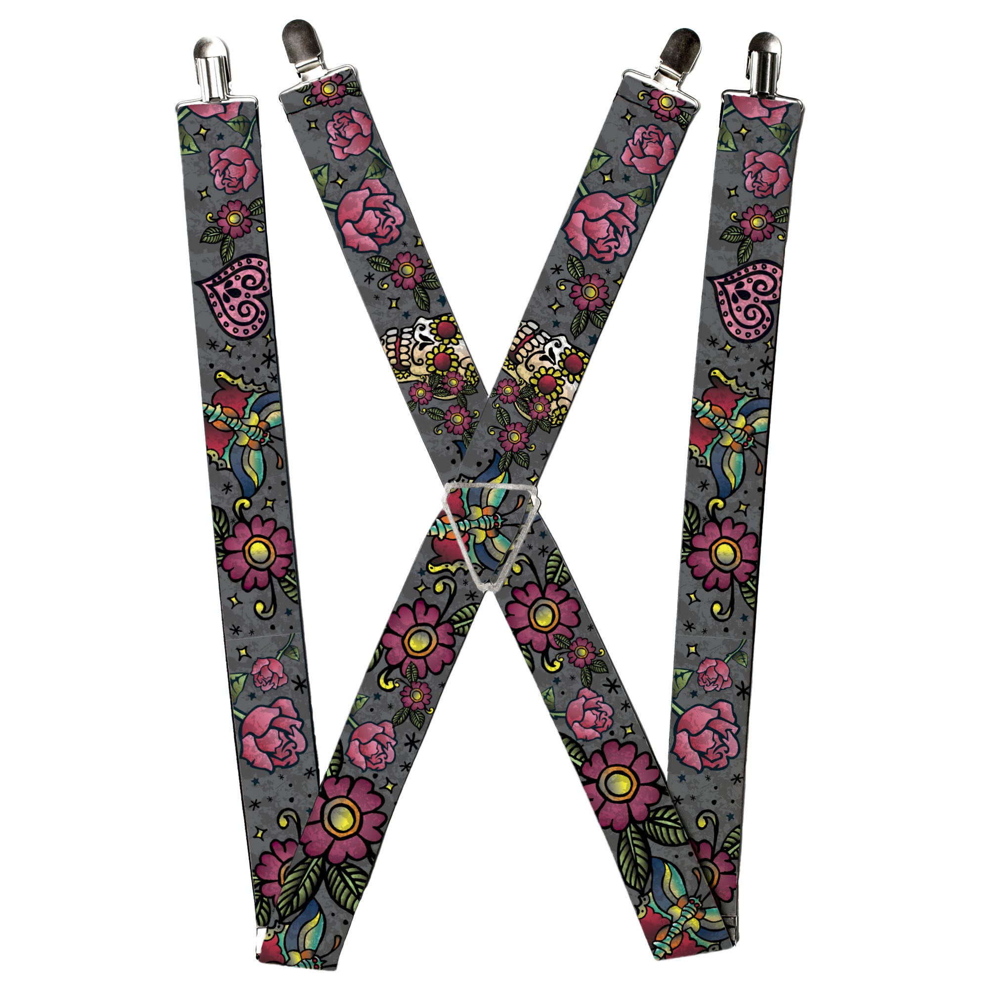 Suspenders - Love Kills CLOSE-UP Gray Suspenders Buckle-Down