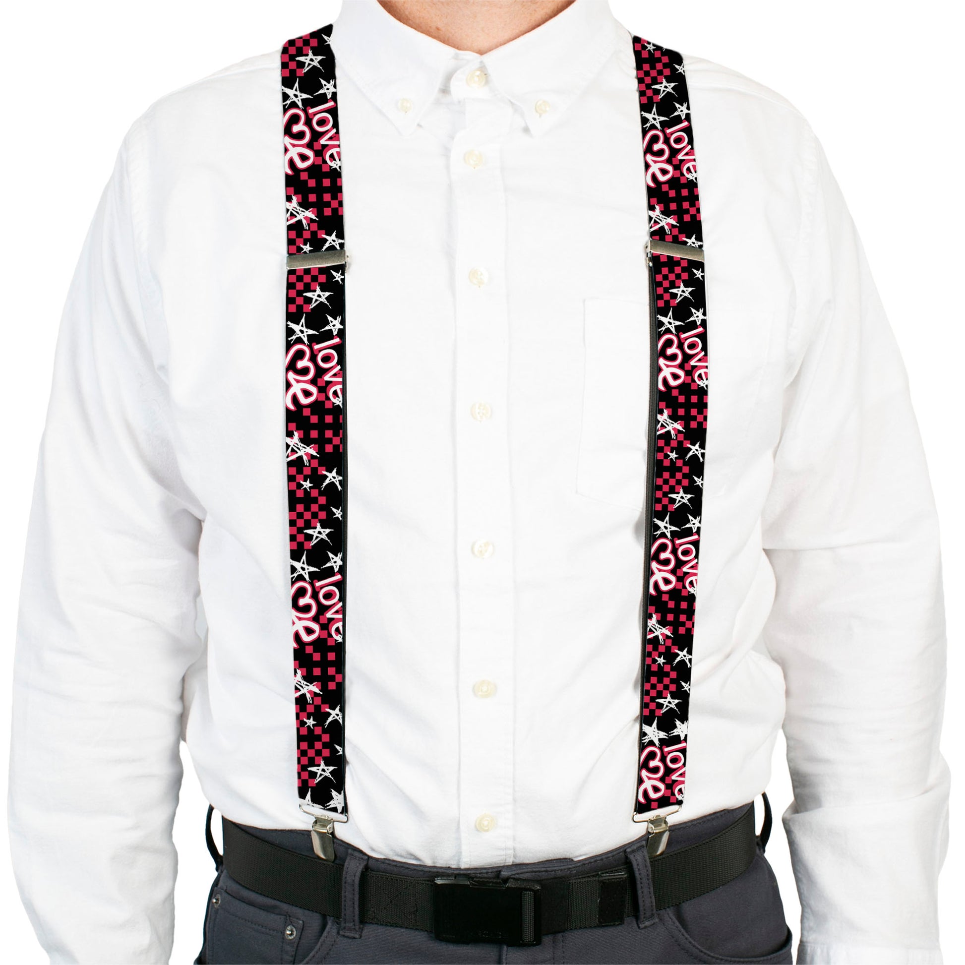 Suspenders - Love Me w/Sketch Stars & Checkers Black/Fuchsia/White Suspenders Buckle-Down