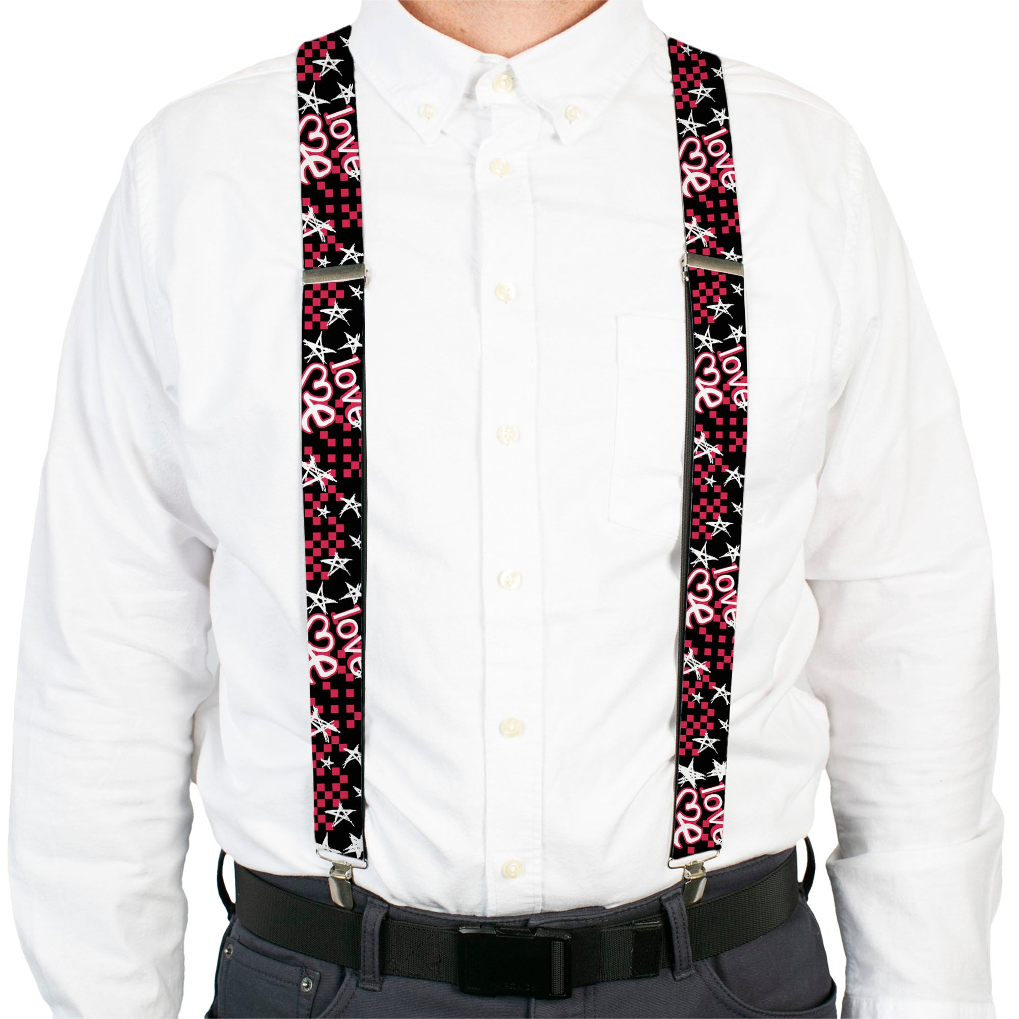 Suspenders - Love Me w/Sketch Stars & Checkers Black/Fuchsia/White Suspenders Buckle-Down
