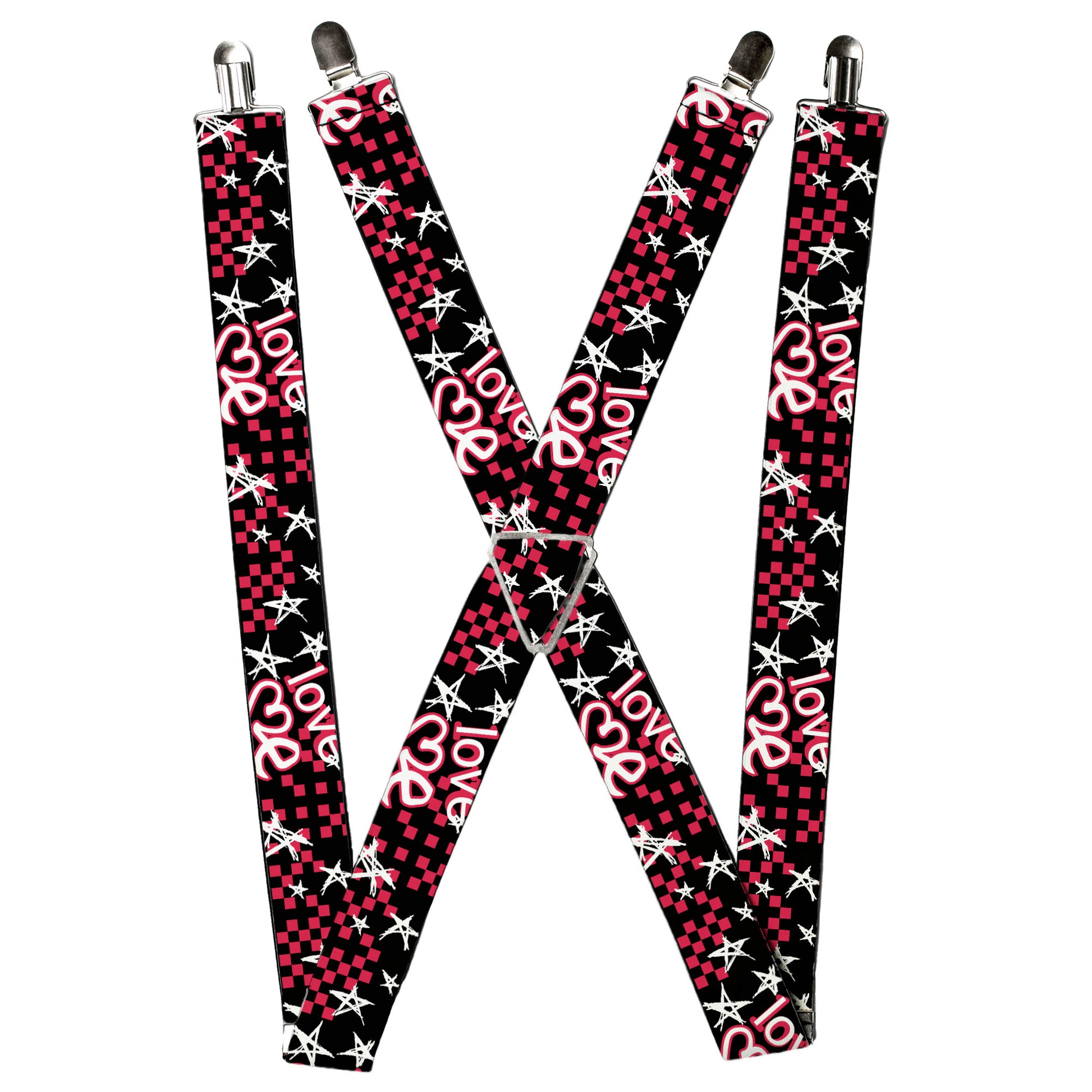 Suspenders - Love Me w/Sketch Stars & Checkers Black/Fuchsia/White Suspenders Buckle-Down