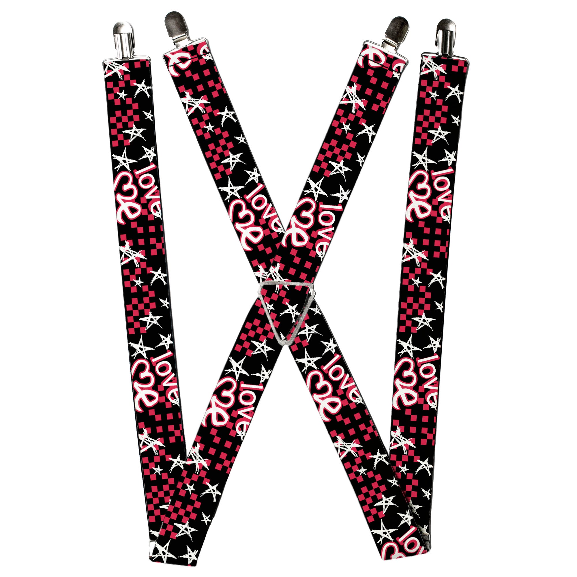 Suspenders - Love Me w/Sketch Stars & Checkers Black/Fuchsia/White Suspenders Buckle-Down