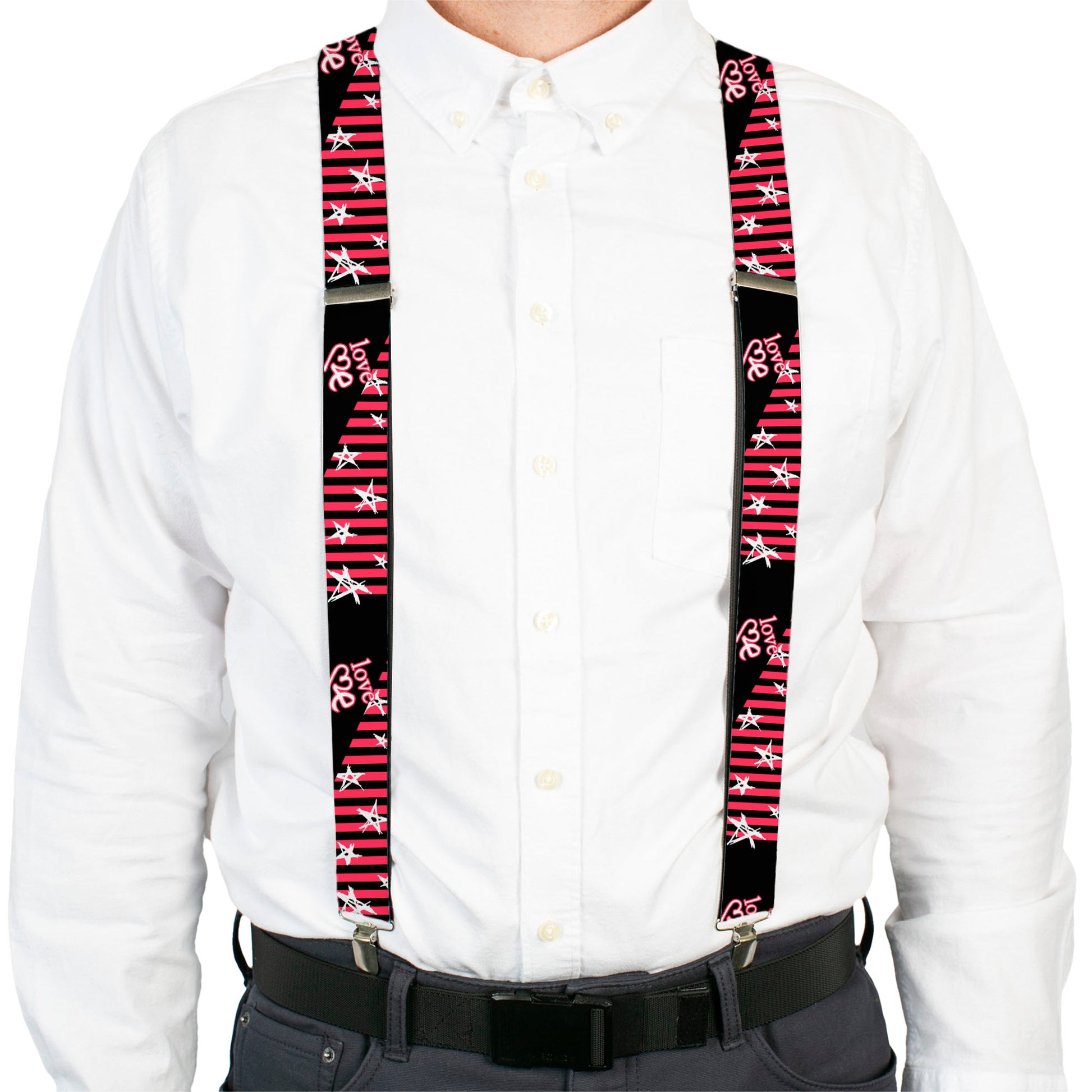 Suspenders - Love Me w/Sketch Stars & Stripes Black/Fuchsia/White Suspenders Buckle-Down