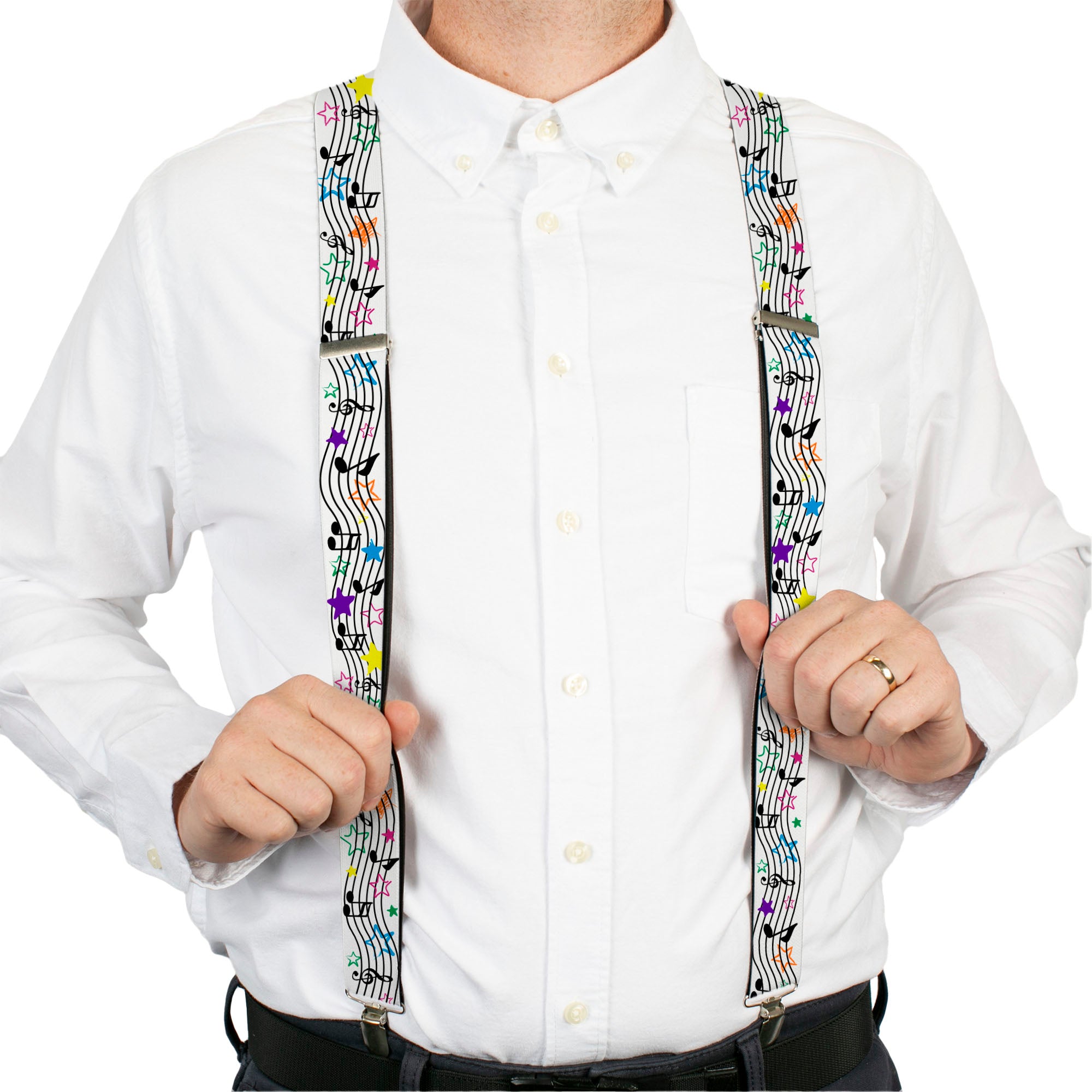 Suspenders - 1.5" - Music Notes Stars White/Black/Multi Color Suspenders Buckle-Down