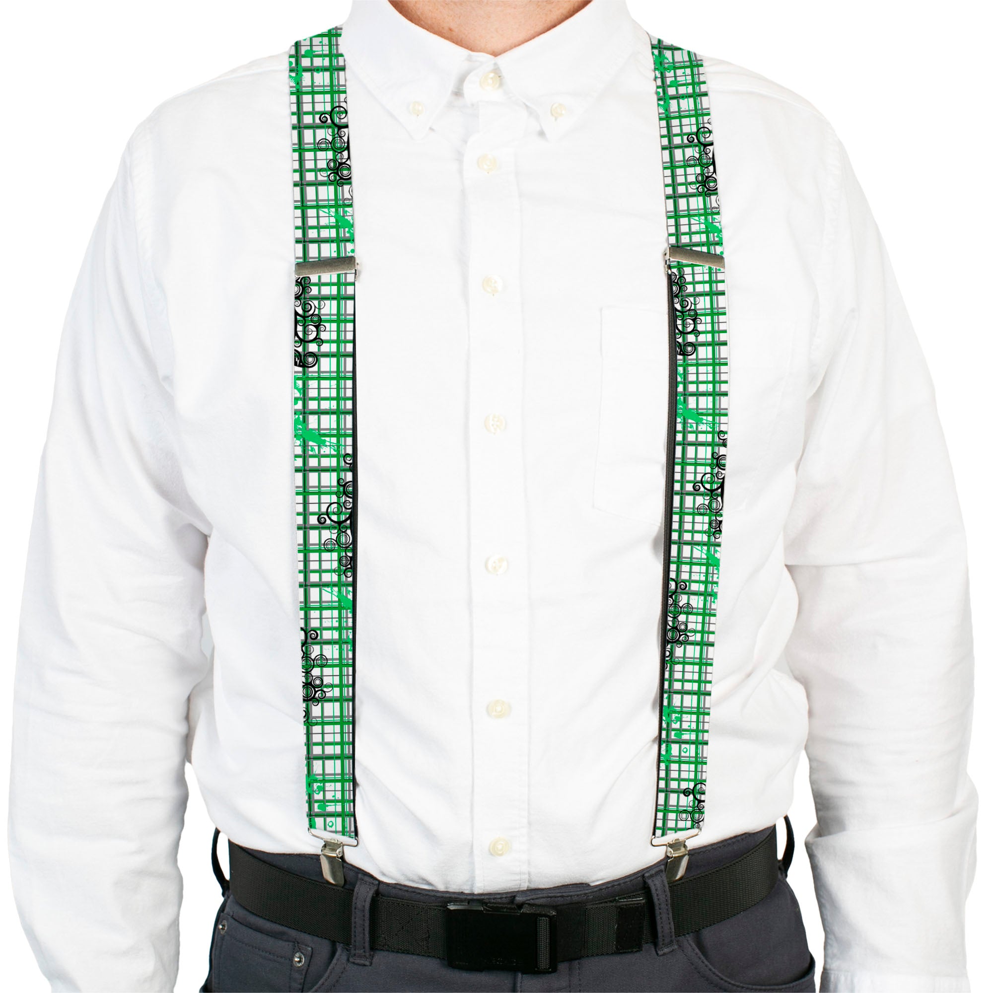 Suspenders - Plaid Curls White/Black/Gray/Green Suspenders Buckle-Down
