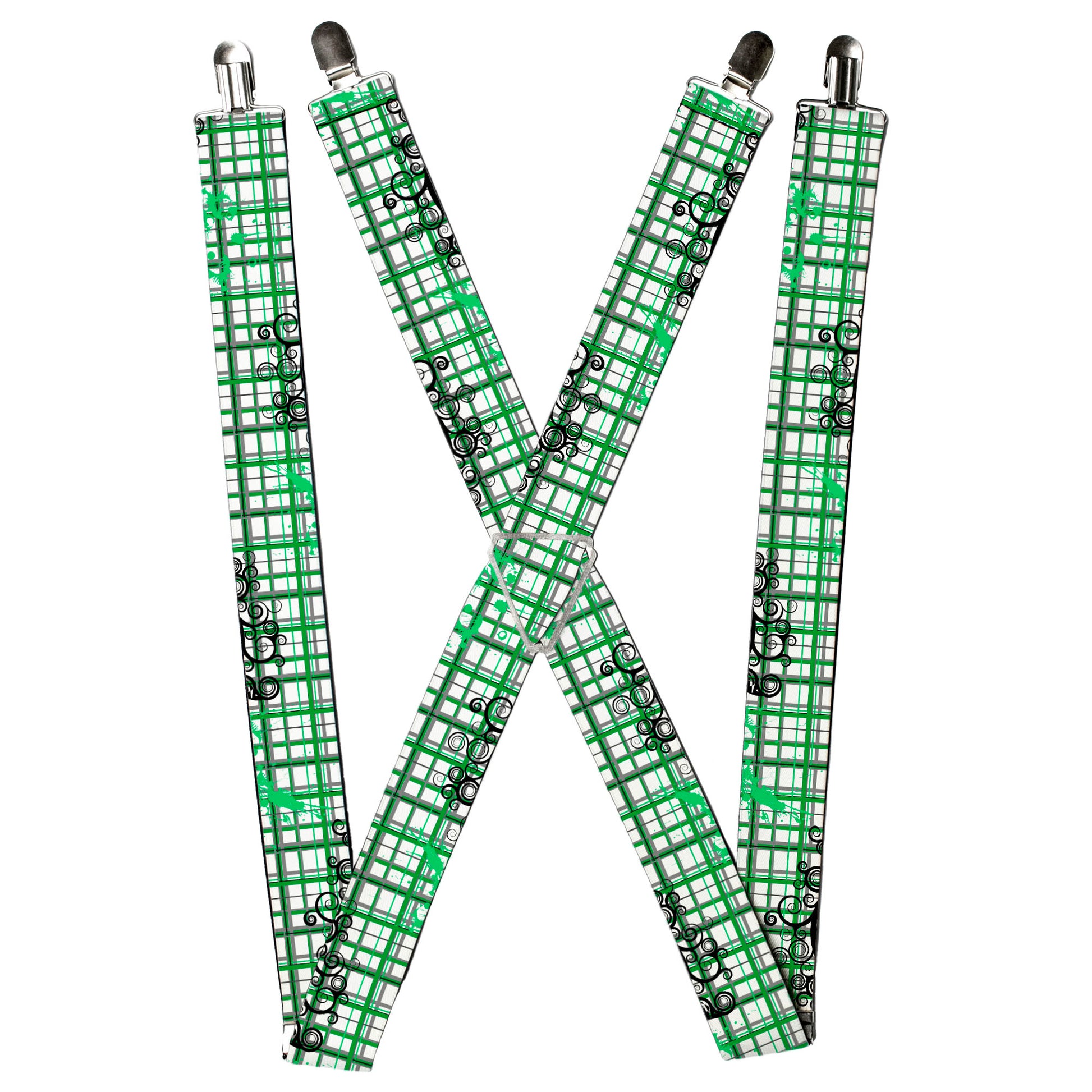 Suspenders - Plaid Curls White/Black/Gray/Green Suspenders Buckle-Down