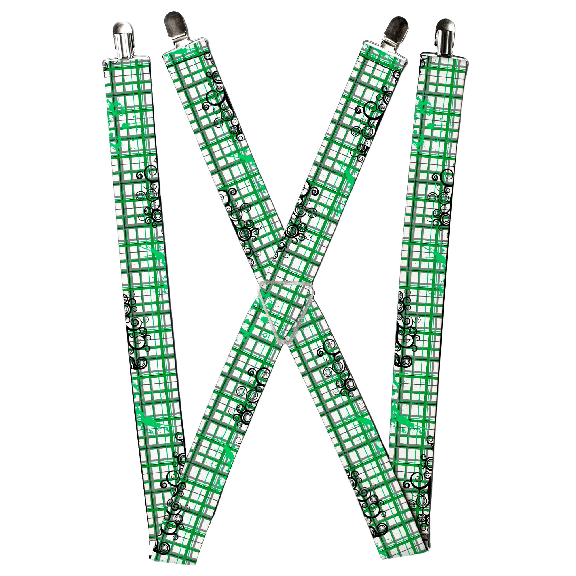 Suspenders - Plaid Curls White/Black/Gray/Green Suspenders Buckle-Down