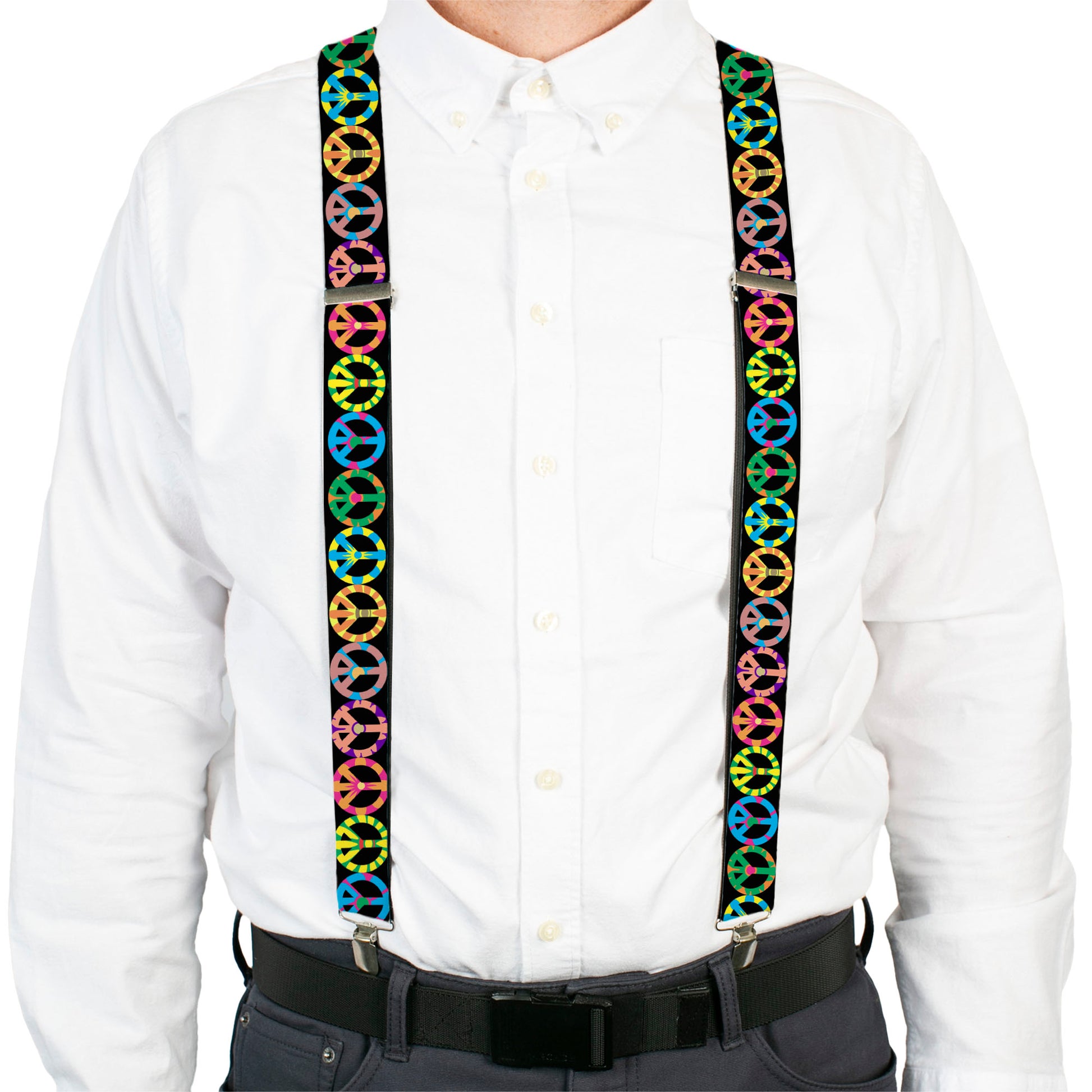 Suspenders - Peace Flowers Black/Multi Color Suspenders Buckle-Down
