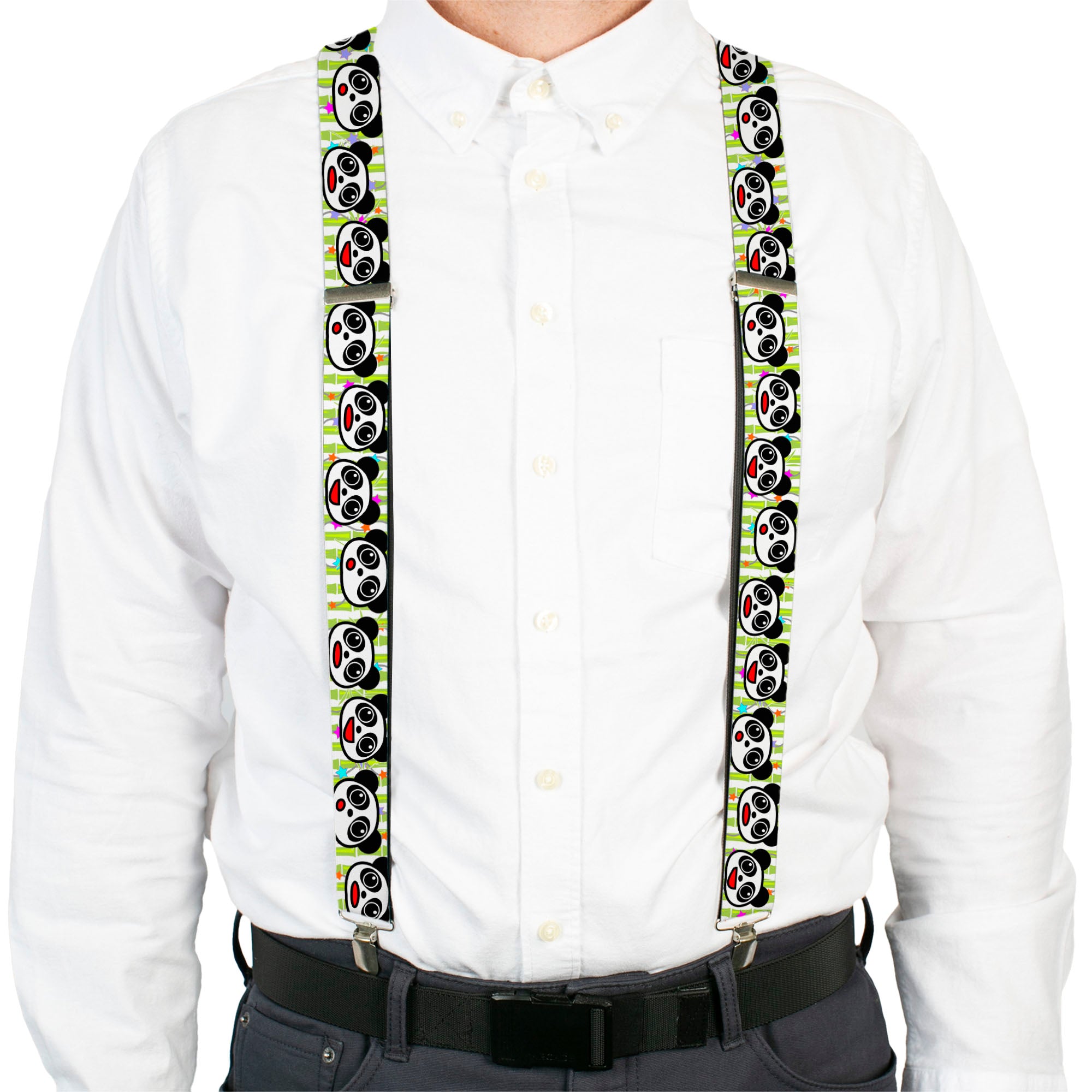 Suspenders - Panda Bear Cartoon Bamboo White/Greens/Multi Color Suspenders Buckle-Down