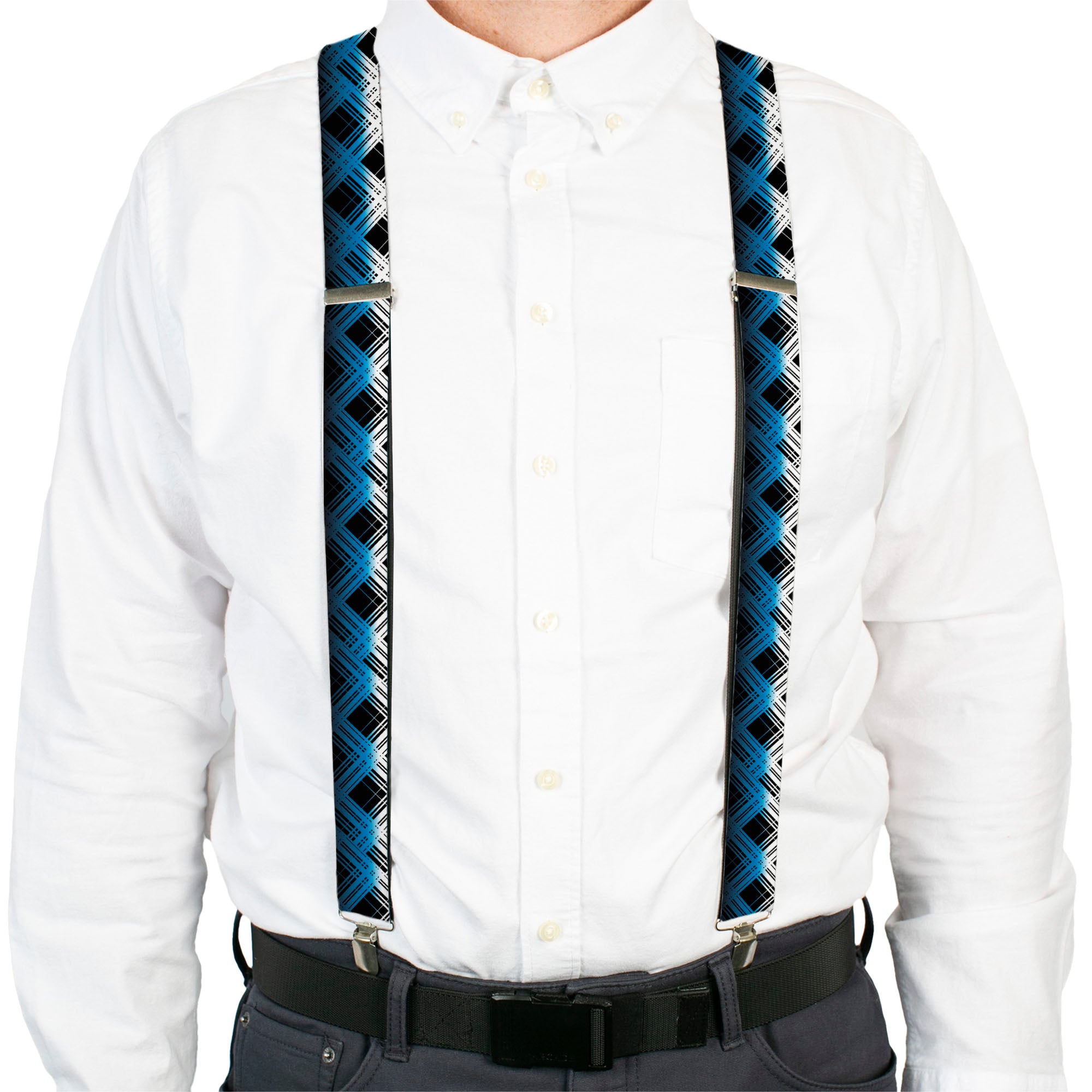 Suspenders - Plaid X Gradient Black/White/Blue Suspenders Buckle-Down