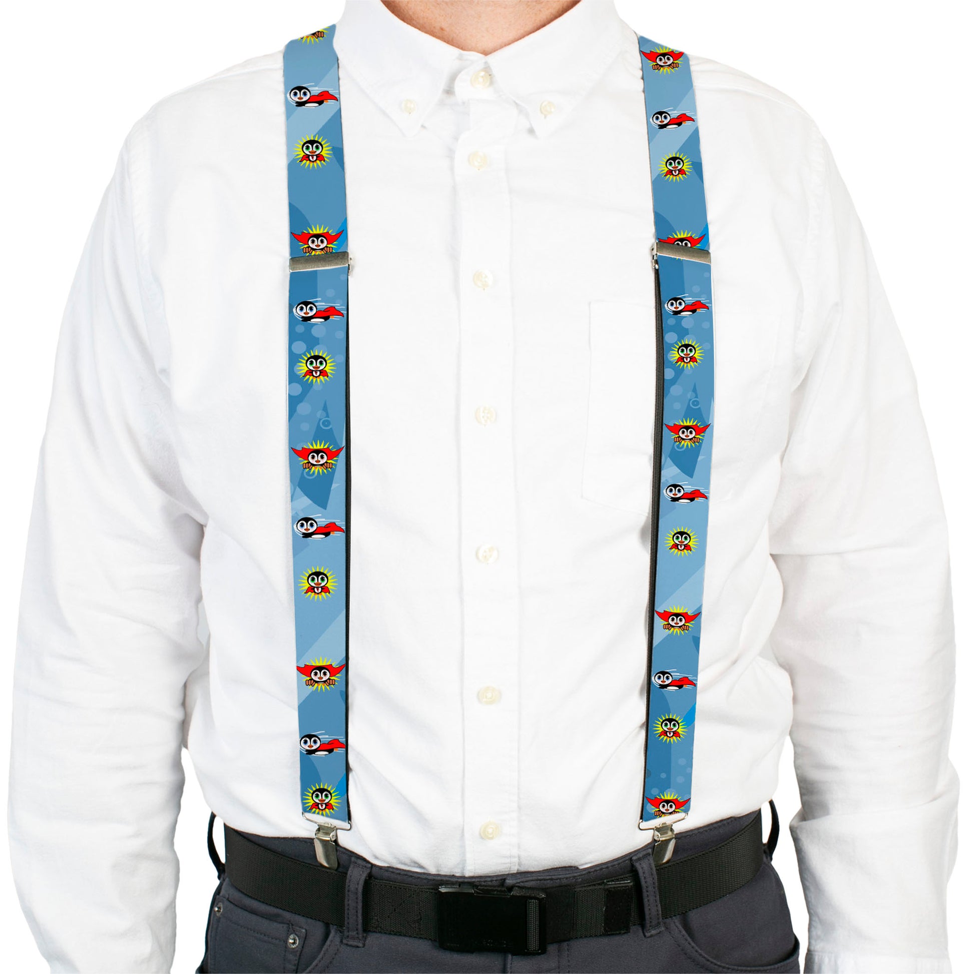 Suspenders - Penguin Superhero Blue Bubbles Suspenders Buckle-Down