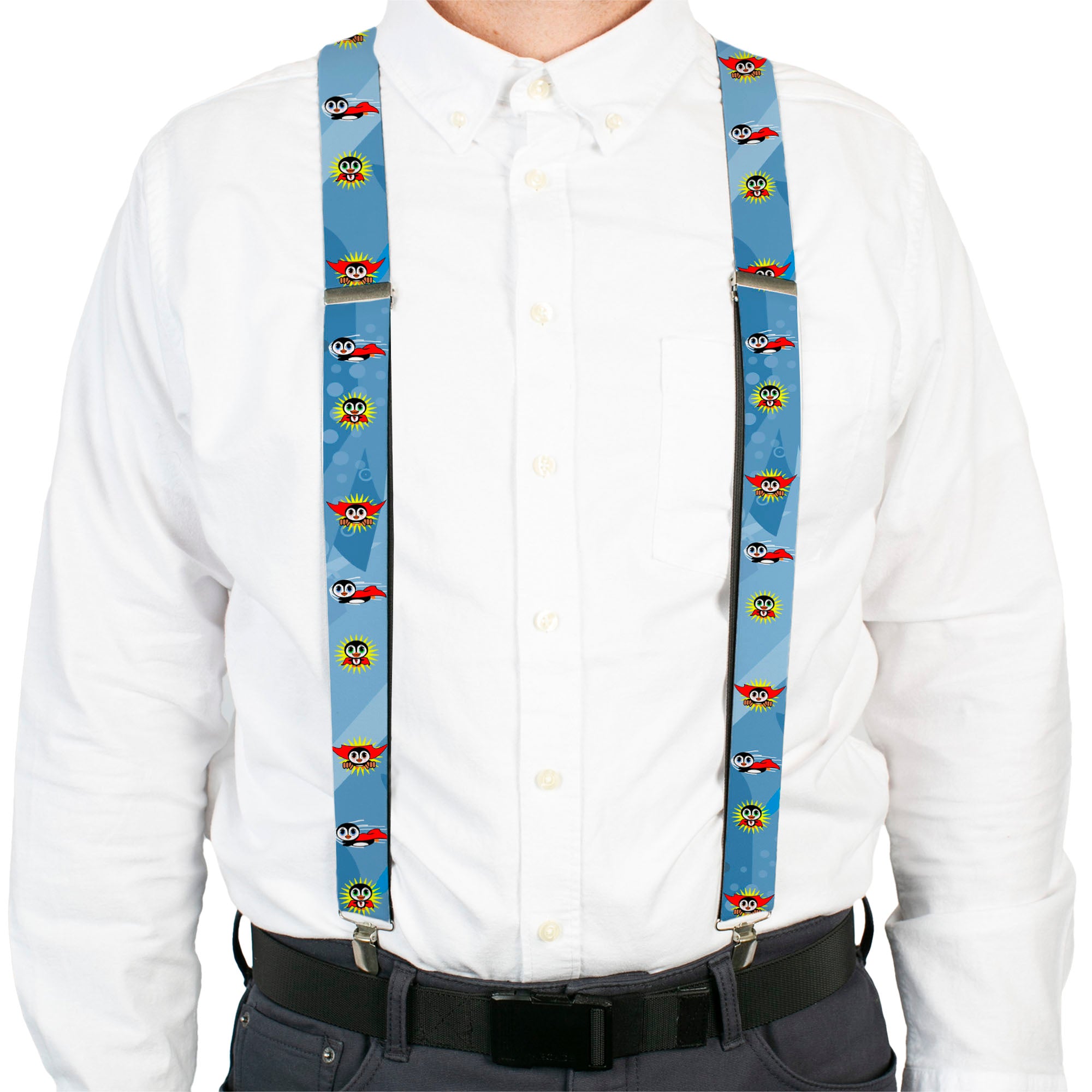 Suspenders - Penguin Superhero Blue Bubbles Suspenders Buckle-Down