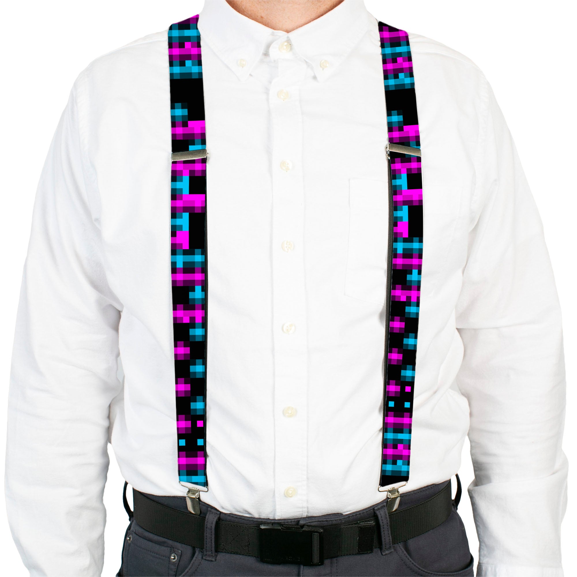 Suspenders - Pixilated Checker Black/Fuchsia/Turquoise Suspenders Buckle-Down