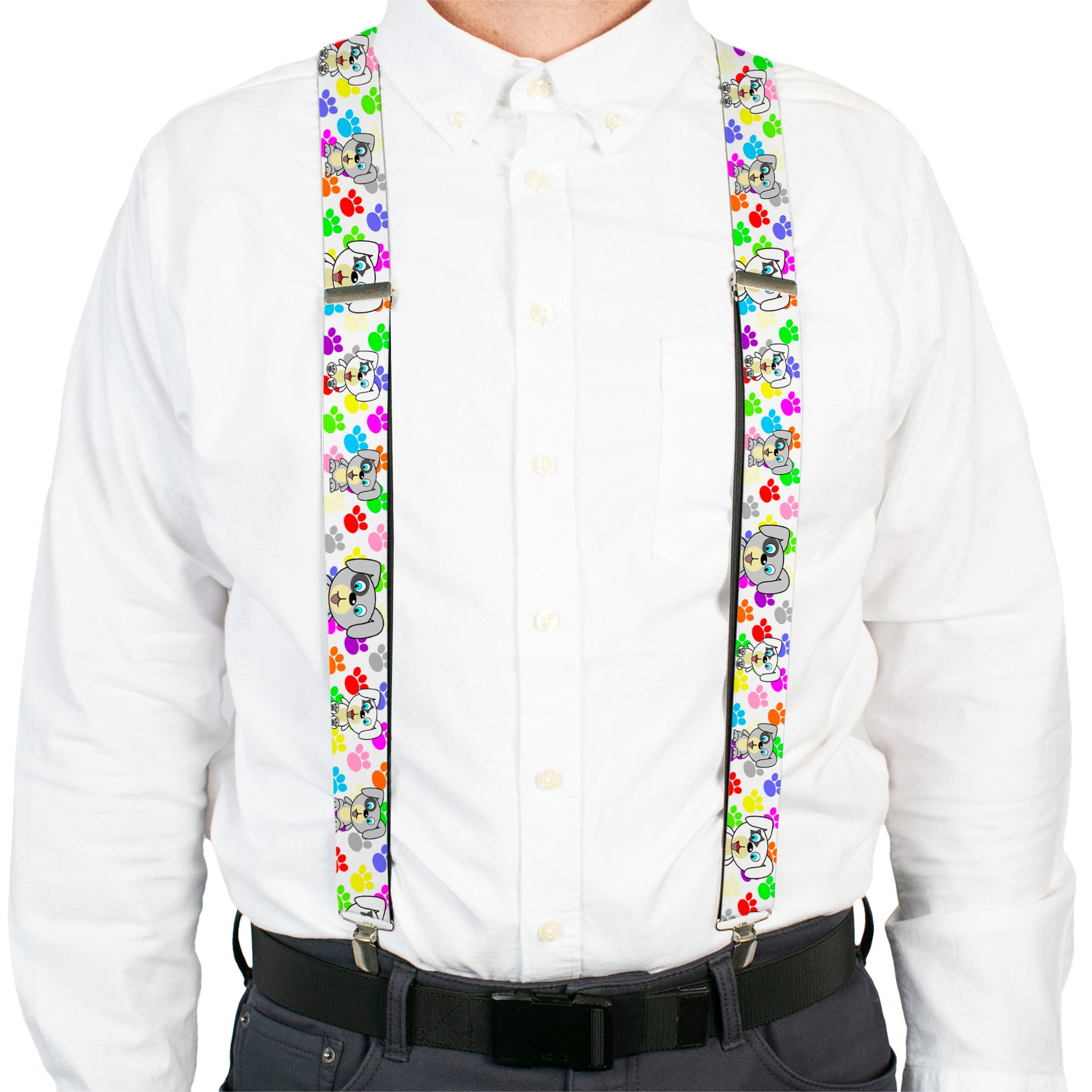 Suspenders - Puppies w/Paw Prints White/Multi Color Suspenders Buckle-Down