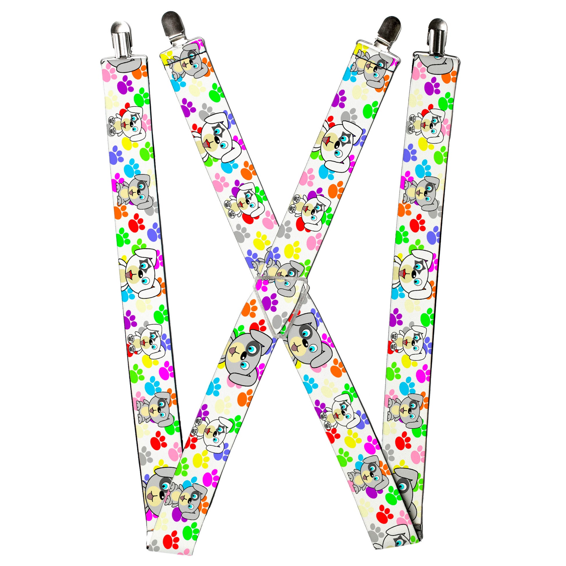 Suspenders - Puppies w/Paw Prints White/Multi Color Suspenders Buckle-Down