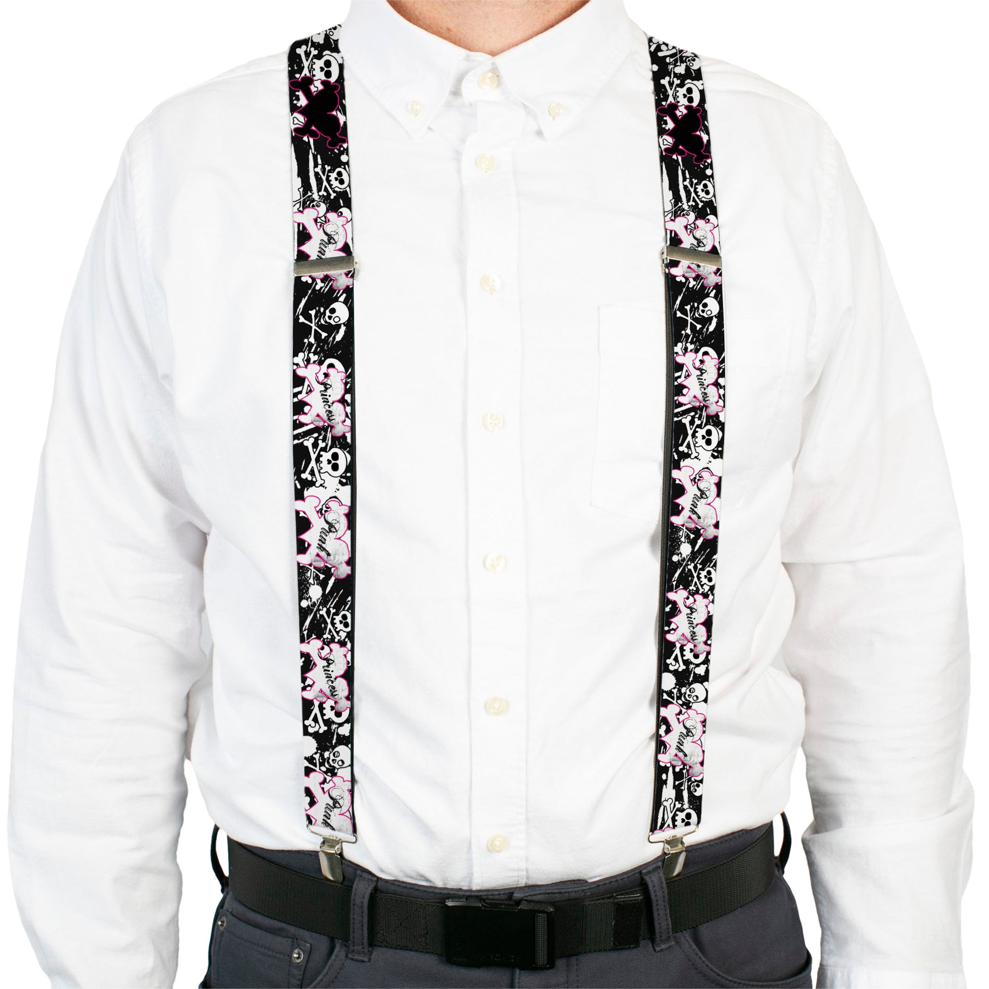 Suspenders - Punk Princess Heart & Cross Bones w/Skulls & Splatter Black/White Suspenders Buckle-Down
